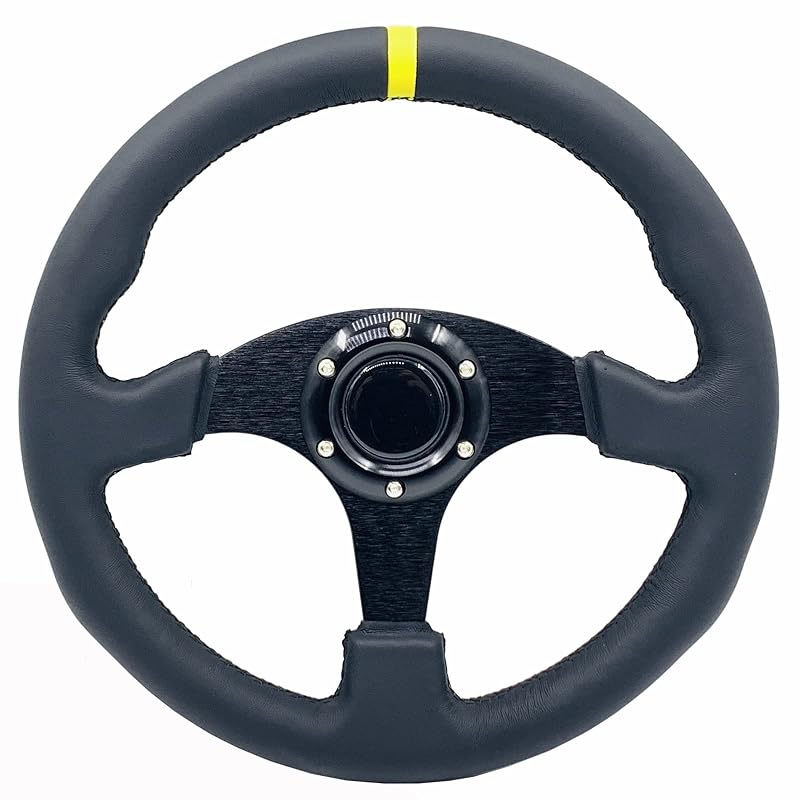 Volante esportivo de 33 cm (13 pol.) com faixa amarela, 6 parafusos, couro legítimo e botão de buzina YEHICY