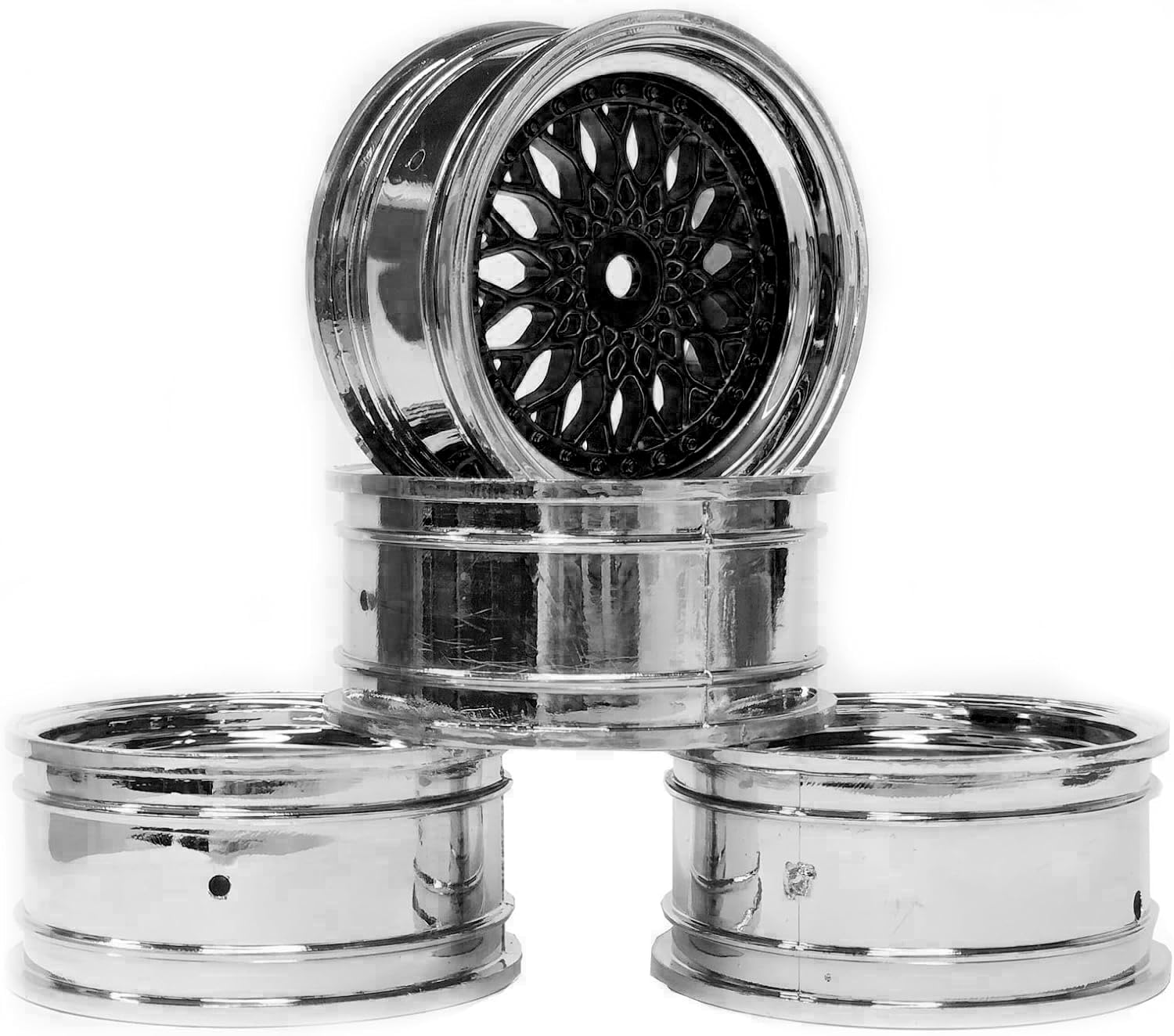 WONFAST 4PCS 52mm Diameter Plastic Plating Wheel Rims Hex 12mm for 1:10 RC On-Road Run-flating Drift Touring Racing Car 1.9inch Tires for HSP HPI TT01 TT02 Parts(Black Silver, Offset:6mm)