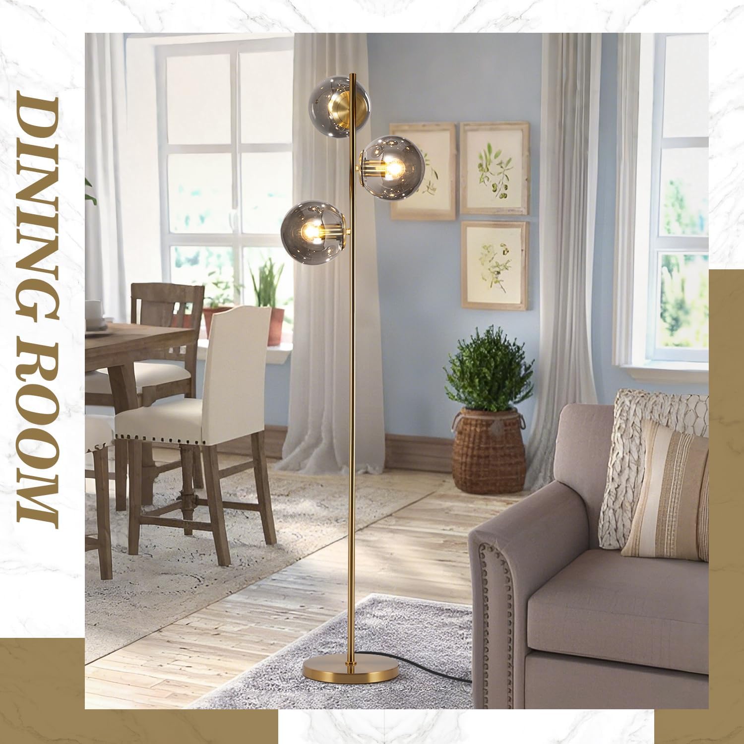 BOKT Mid Century Gold Floor Lamp Modern 3-Light Standing Lamp with Smokey Gary Glass Globe Shade Bright Floor Lamps Office Standing Pole Light for Living Room Bedroom Home Decor…