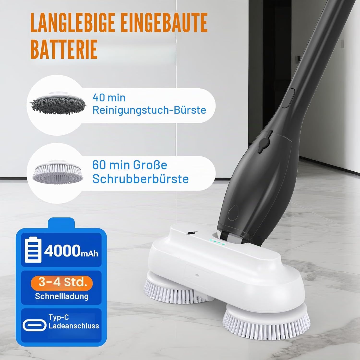 Balai Nettoyeur de Sol Électrique sans Fil IPX8 avec Pulvérisateur, Autonomie 60 Min, Réservoir 800ml, Manche 4-Niveaux, Nettoyeur et Polisseur pour Parquet, Carrelage et Marbre