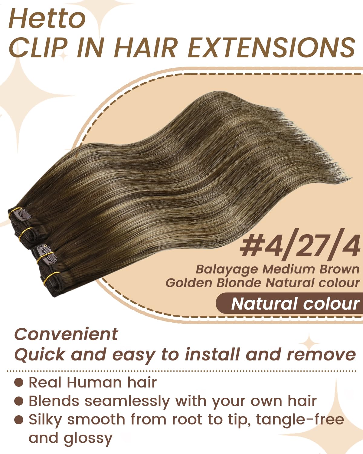 Hetto Extension Cheveux Naturel Clip Balayage Marron Foncé Extension Clip Cheveux Naturel Blond Caramel Invisible Humain Remy Lisse Légère et Confortable Usage Quotidien 30cm 80g 5pcs #4/27/4