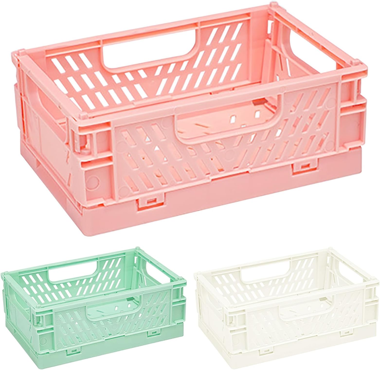 KMZ 3 Pack Mini Plastic Baskets Mini Foldable Desk Crates Storage Box Stackable Table Basket Organizer for Bedroom Office Classroom Kitchen Desktop Drawer Shelf (6 x 3.9 x 2.4in)