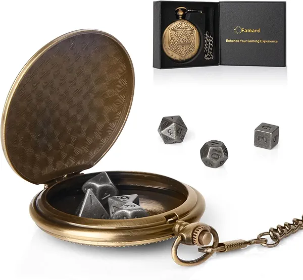 Famard 10mm Tiny DND Dice Set with Vintage Pocket Watch Shell Case, Polyhedral Metal D&D Dice Set for Dungeons and Dragons, RPG MTG Game,Role Playing Board Games