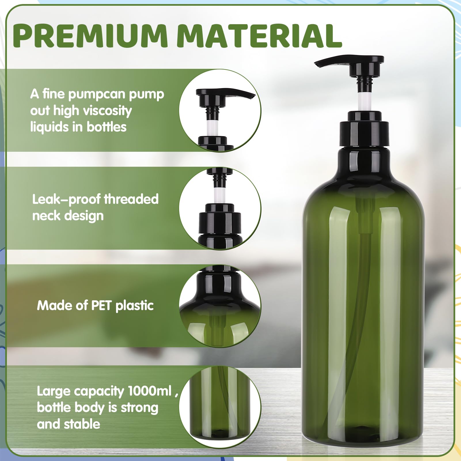 Pump Bottle Dispenser,2 Pcs 1000ml/35oz Refillable Empty Press Pump Bottles,Refillable Plastic Empty Pump Bottles Dispensers with Funnel and Label for Lotions,Shampoo,Conditioner,Green - Image 2