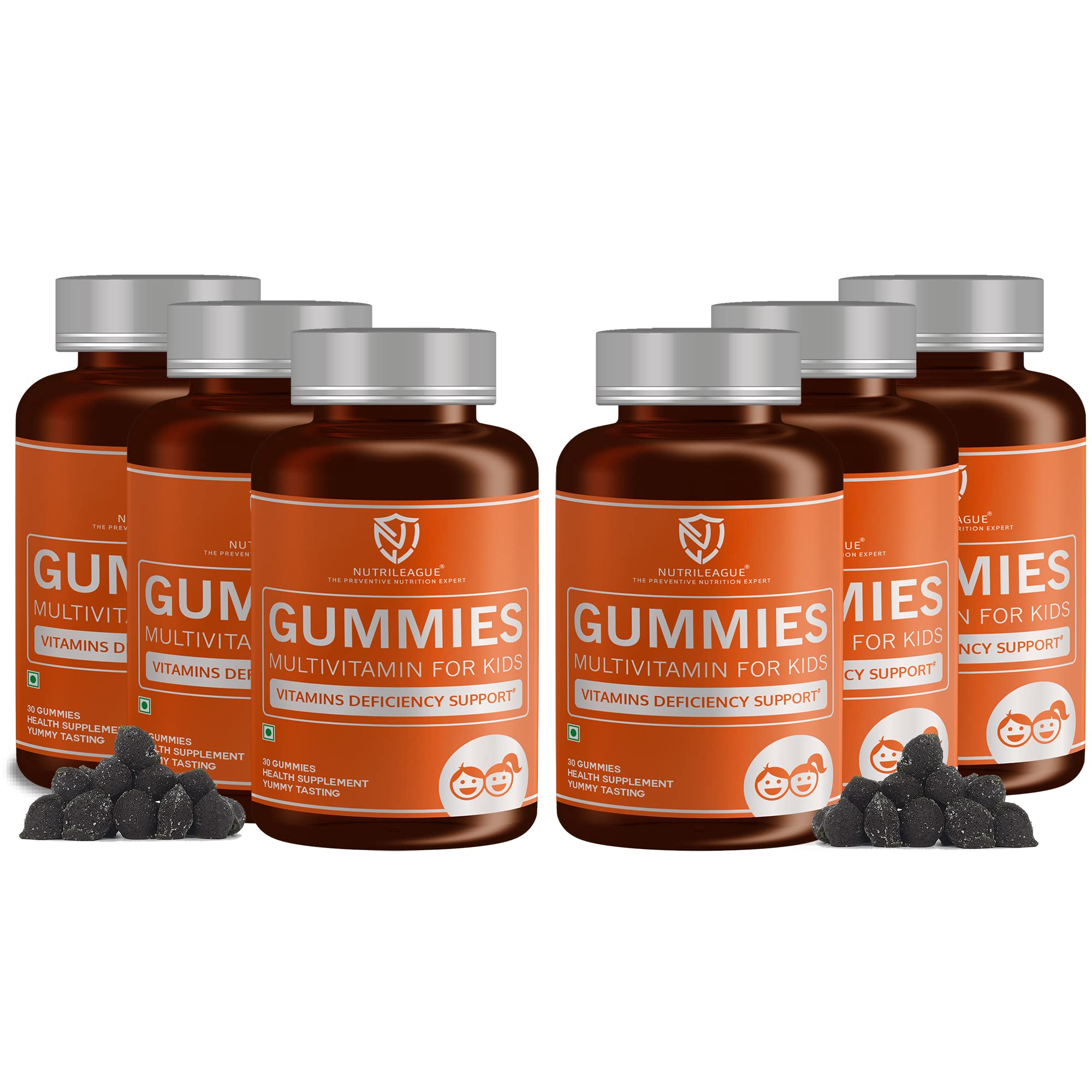 Nutrileague Multivitamin for Kids Gummies with Vitamin B complex, A, E & Minerals | 30 Gummies | Happy & Healthy Multivitamin Gummies For Tinny Tummies (Nutrileague Now in India) (Pack Of 6)