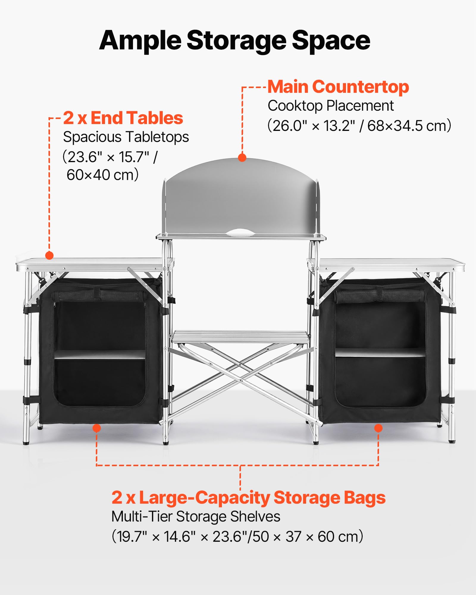 VEVOR Cuisine de Camping Pliable Table de Camping avec Rangement Portable, pour Barbecue, Pique Nique, Voyage, en Aluminium Léger, avec Tables Latérales, Pare-Vent Amovible et Sac de Transport