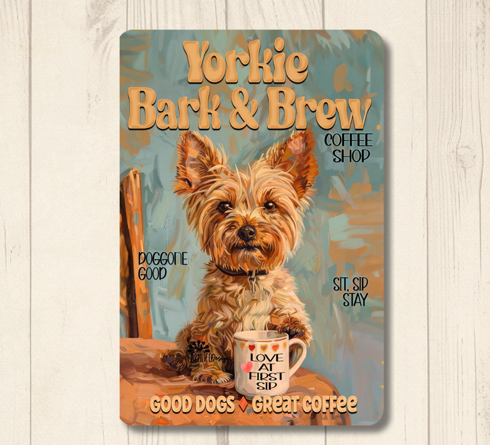 Yorkie Coffee Bar Sign Bark & Brew dog funny metal tin yorkshire terrier art home decor