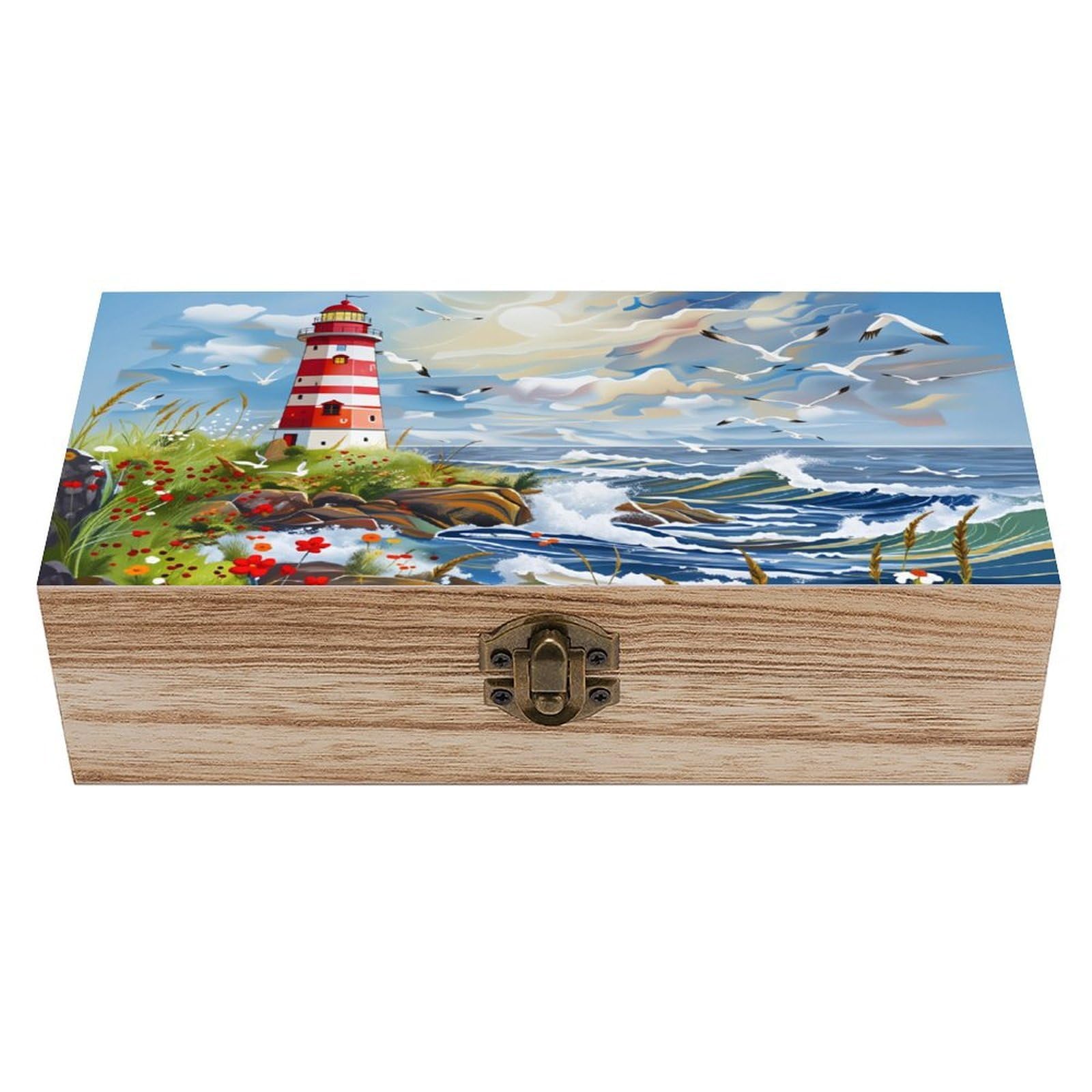asbwuo Seaside Lighthouse Vintage Wooden Keepsake Box