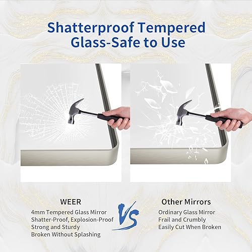Miniatura 4 de WEER Espejo de baño de níquel cepillado de 48 x 36 pulgadas, marco de metal plateado cepillado, espejo rectangular redondeado de baño plateado,