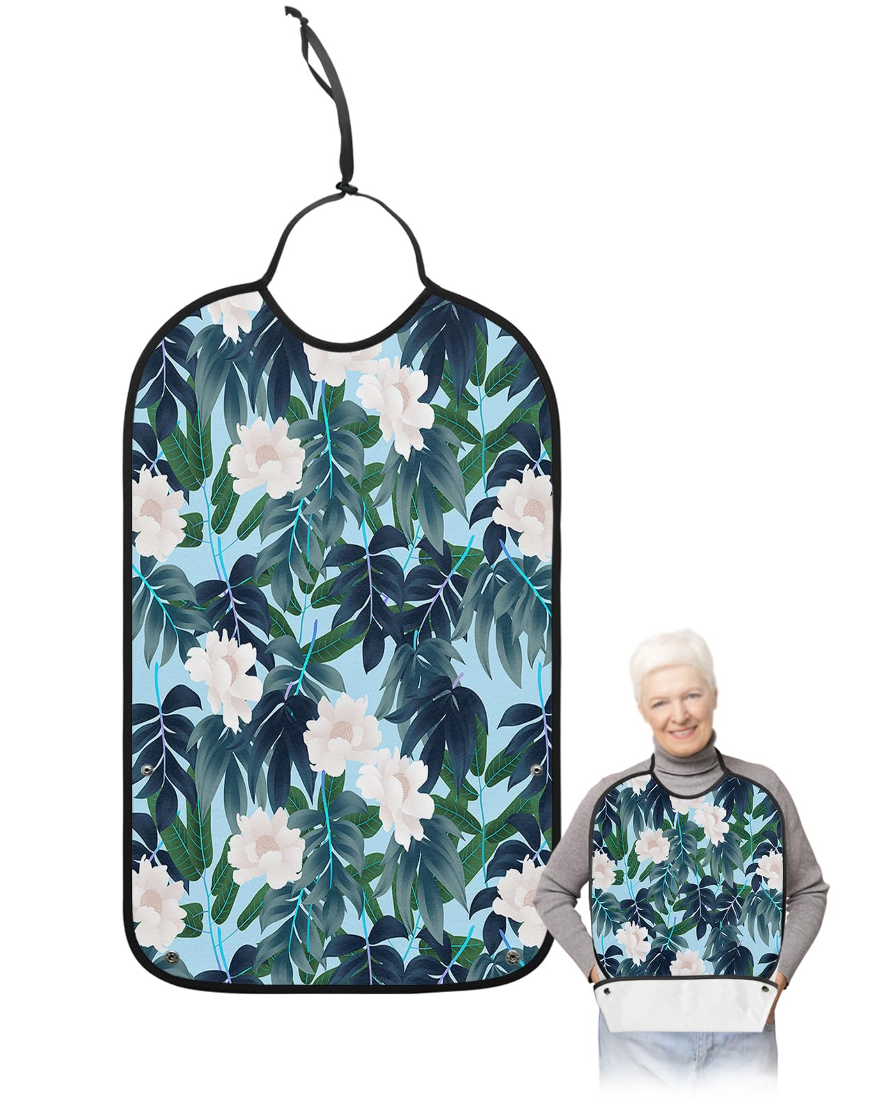 Spring White Flowers Adult Bibs for Eating, Waterproof Bibs with Food Catcher & Adjustable Snap Closure, Summer Green Leaf Blue Garden Washable Clothing Protectors Adult Bibs for Elderly Women/Men
