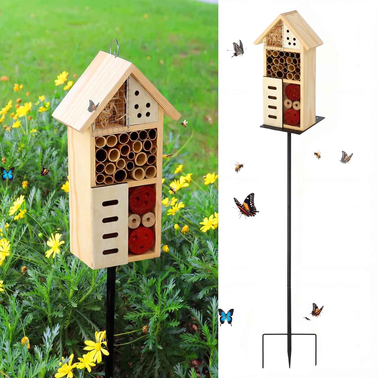Novabright Casa per insetti in legno con paletto in metallo, per hotel, api, habitat naturale, per api, farfalle, coccinelle, insetti utili, giardino, cortile
