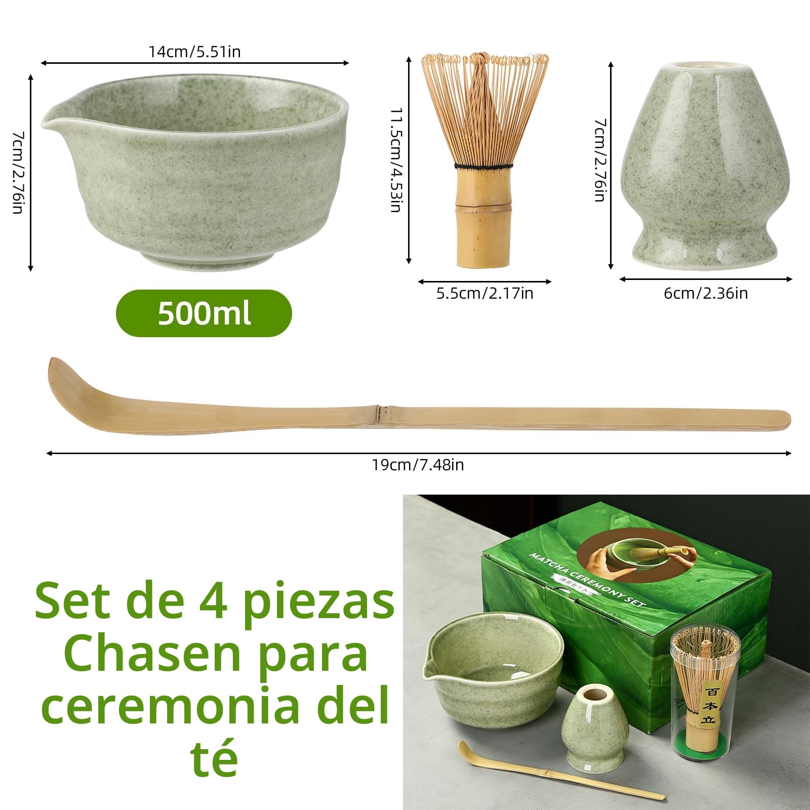 Matcha Kit - Té Matcha Kit de 4 Piezas, Batidor Té Matcha, Cuenco Té Matcha, Soporte Chasen y Cuchara Matcha - Kit Matcha para la Ceremonia del Té - Ideal para el Hogar, la Oficina y Como Regalo