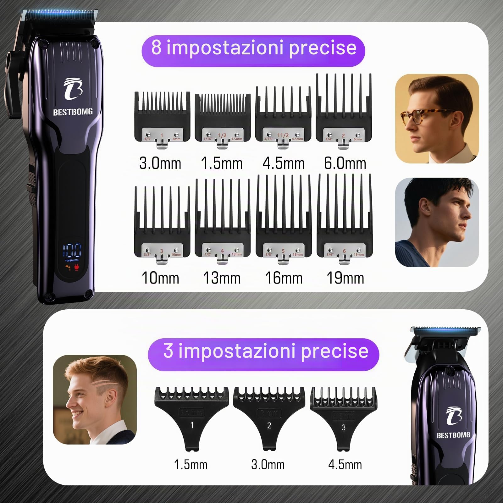 BESTBOMG® BS-808C - Tagliacapelli da uomo, tagliacapelli professionale, tagliacapelli e rasoio ricaricabile, lama a T in metallo, display a LED, kit per taglio capelli da barbiere per uomini e regali