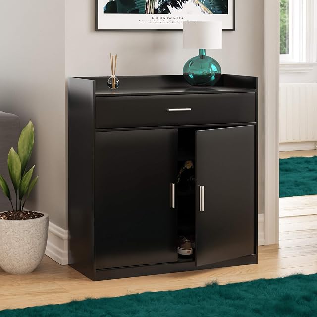 Vida Designs Dalby Modern Shoe Cabinet, 2 Door 1 Drawer, Hallway Cupboard Storage Organiser, Footwear Stand Rack, Wood Sideboard Unit, Black