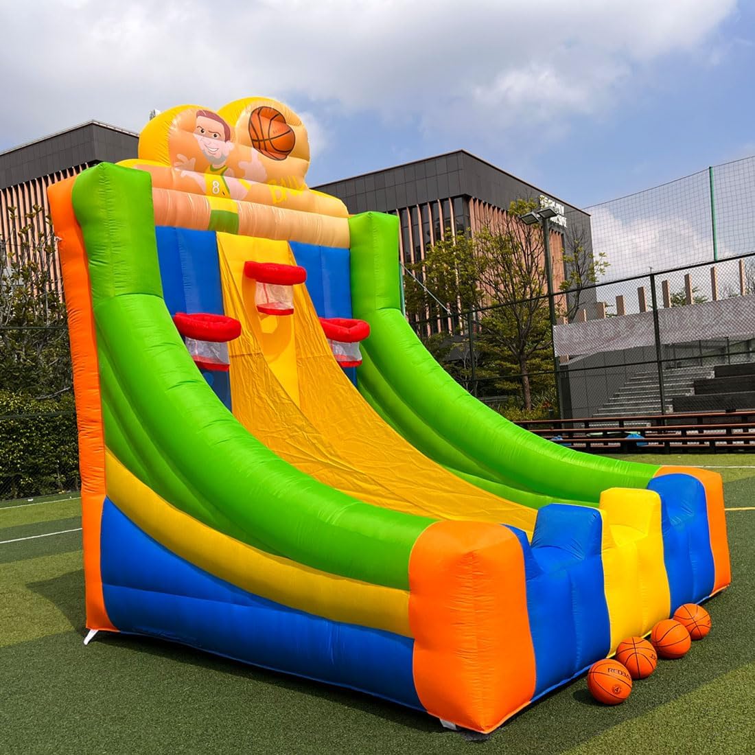 Inflatable Basketball Hoop Game Inflatable Basketball Shot with Triple Lanes 4 Balls, Air Blower, for Birthday Parties,Team Building, Schools Fair Multi-Colored