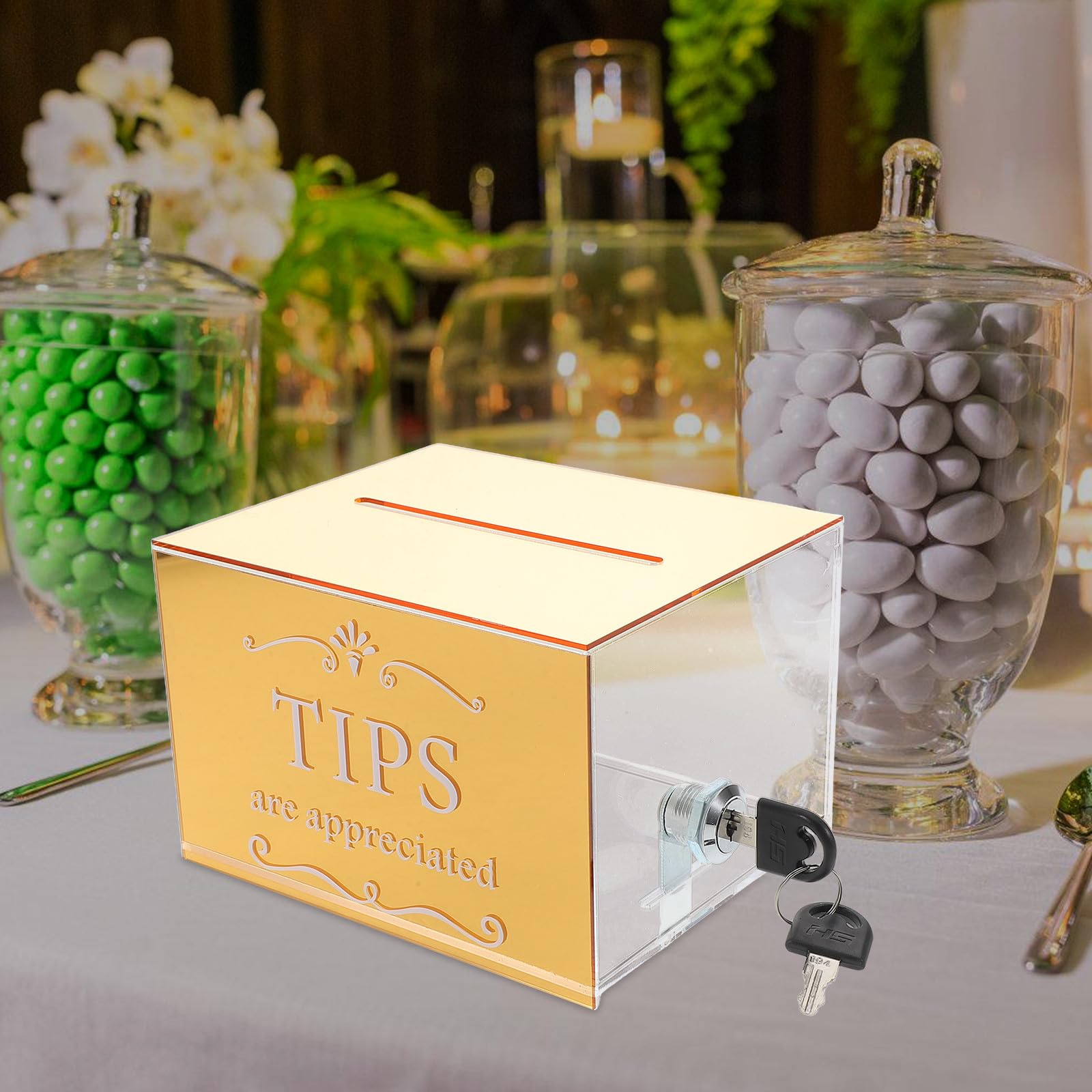 Housoutil Caja de Donaciones Diseño Versátil y Resistente con Cerradura de Acrílico Dorado Buzón Seguro para Propinas para Restaurantes y Eventos