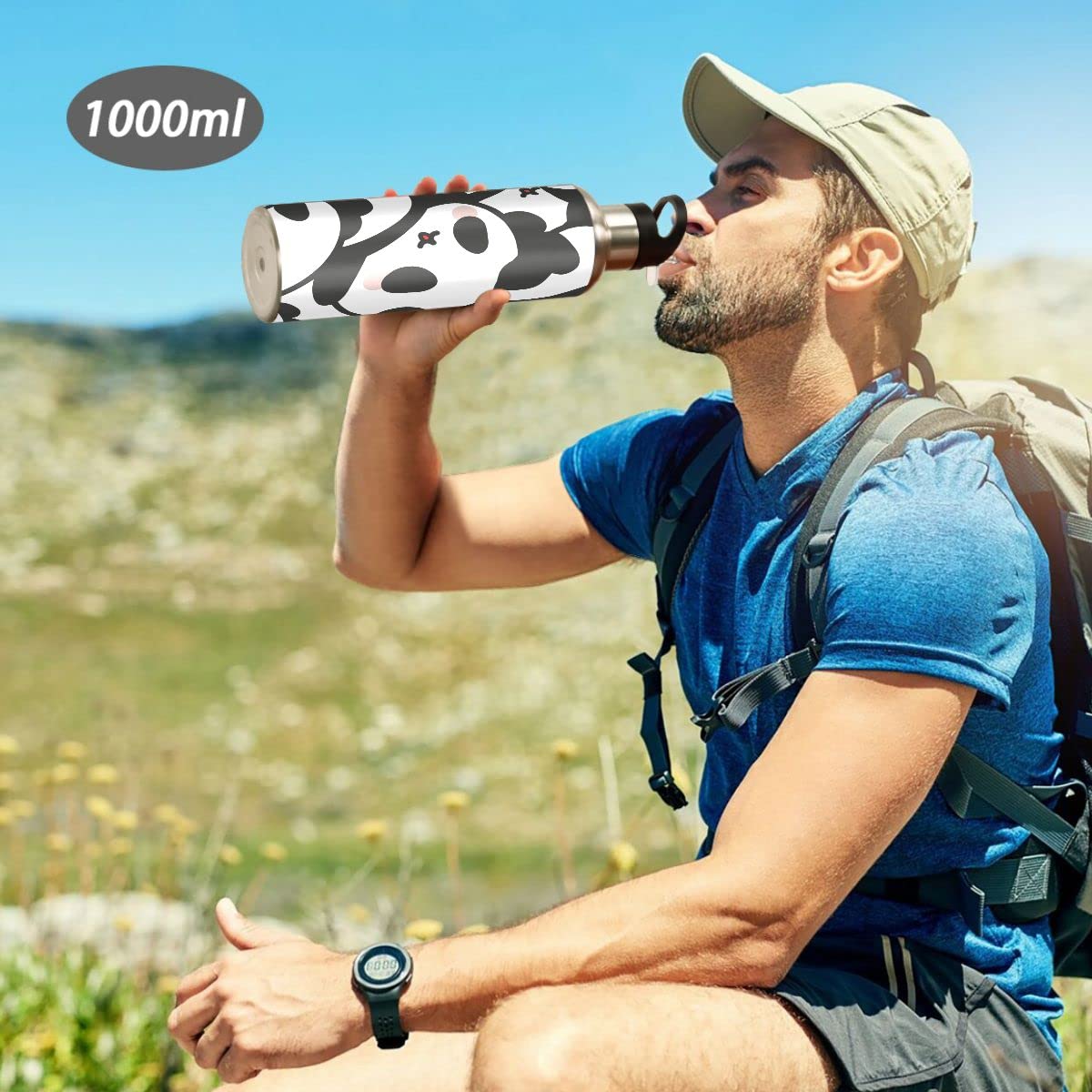 Edelstahl Wasserflasche mit Strohhalm, schöne Kawaii Panda isolierte Trinkflasche Sport Wasserflasche für Kinder Erwachsene, auslaufsicher, 1L