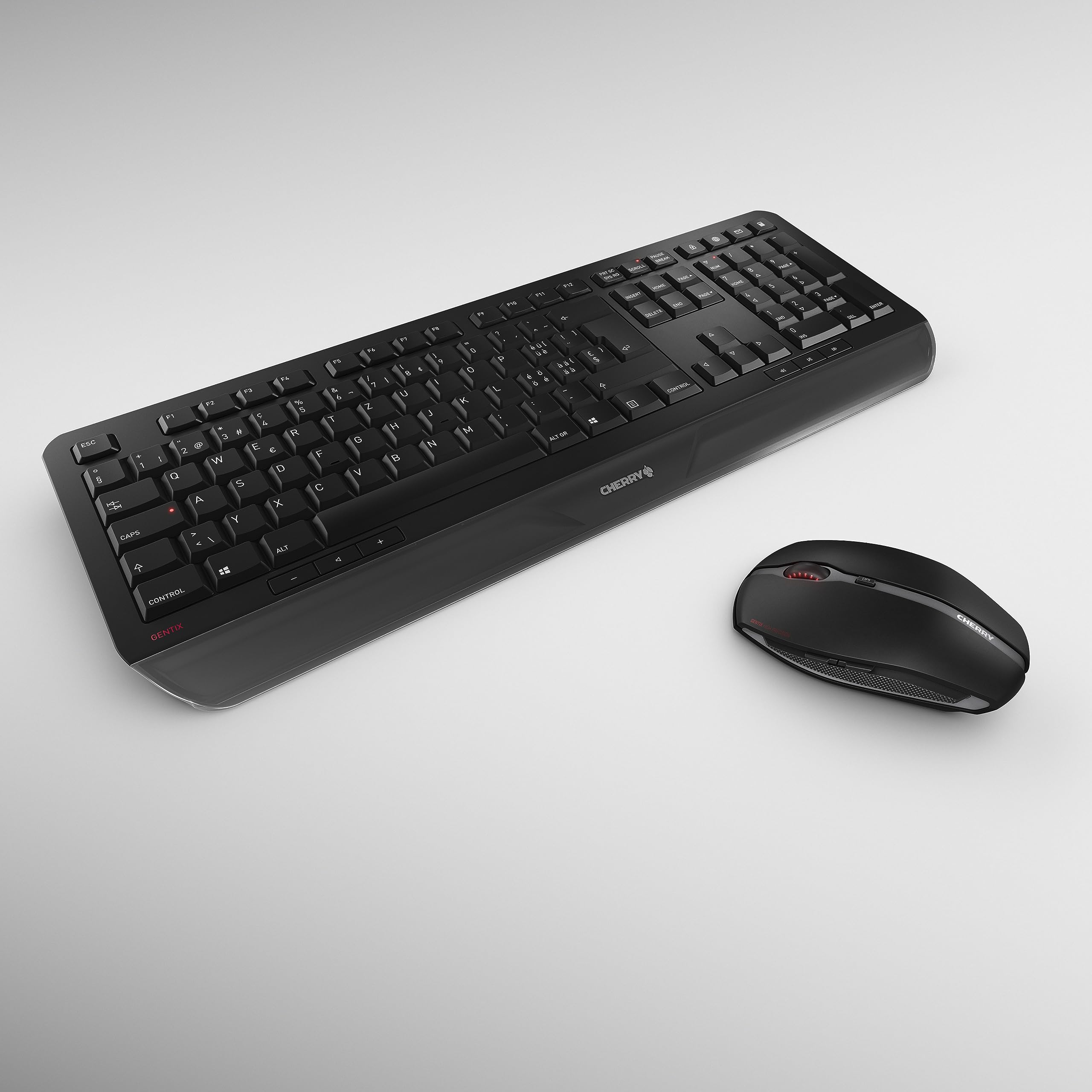 CHERRY GENTIX Desktop, Ensemble Clavier et Souris sans Fil, Disposition Suisse (QWERTZ), Radio 2,4 GHz, Repose-Poignets Intégré, Souris Symétrique, Noir