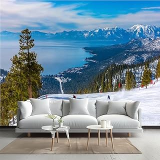 Vintage Wallpaper Alpine Skiing Above Lake Tahoe California Border Wall Mural Peel and Stick Canvas Art Wall Mural Decor Self- Adhesive Wallpaper for Bedroom Living Room