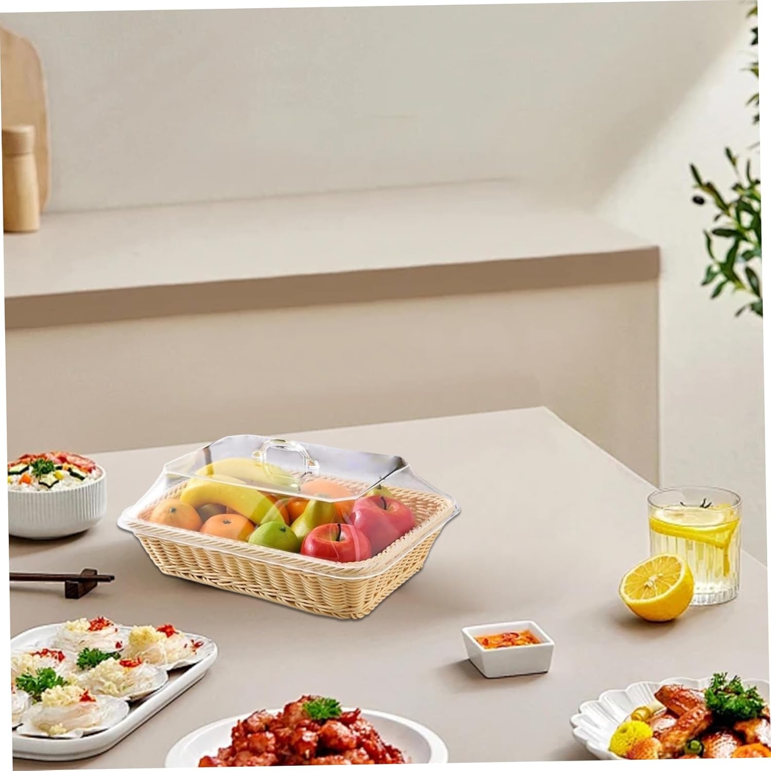 Bread Baskets for Serving, 16x12x6inch Wicker Woven Food Baskets with Dustproof Lid, Tabletop Food Organizer Containers for Fruits, Vegetables and Snacks (Style 2)