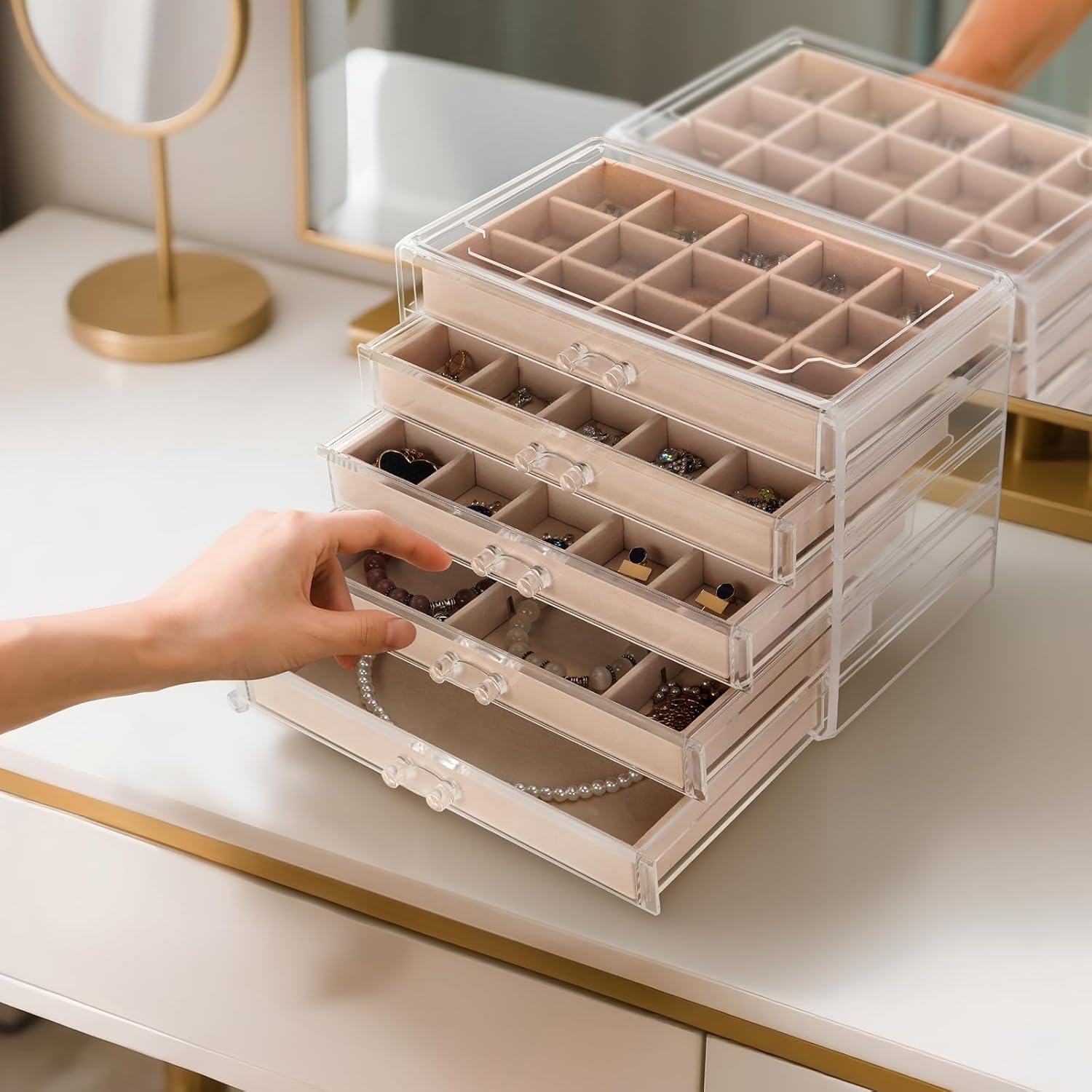 FEISCON Jewelry Box Organizer，Acrylic Storage Organizer with 5 Drawers Adjustable Velvet Trays grid size Jewelry Storage Box Clear Jewelry Organizer Gift for Women Girls (5 layer)