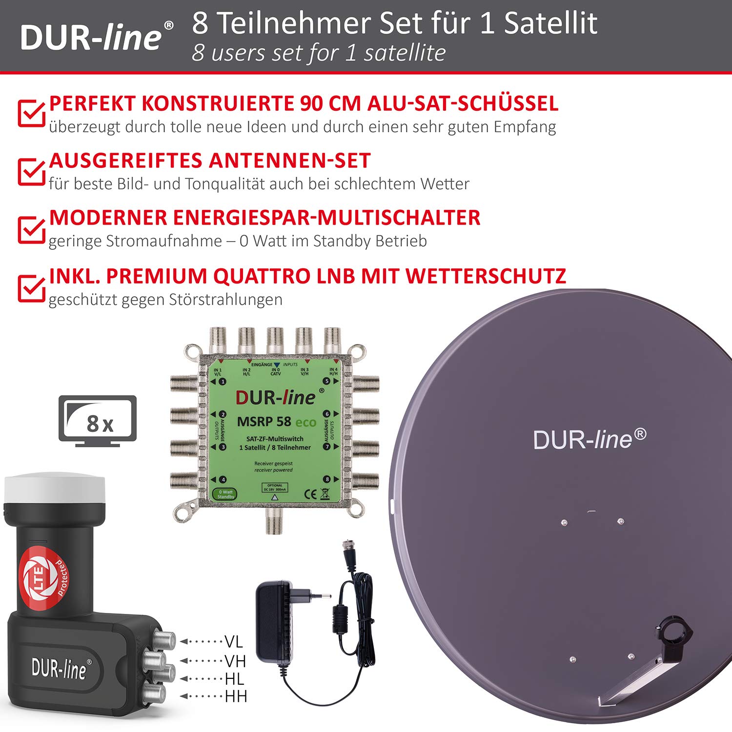 DUR-line MDA 90 Anthrazit - Digitale 8 Teilnehmer Satellitenschüssel Komplett-Anlage mit Premium Multischalter und LNB [Camping, Astra 19,2°, DVB-S/S2, Full HD, 4K, 3D]