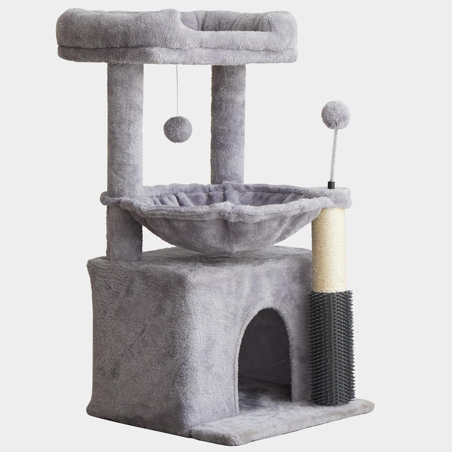 Cat Tree for Indoor Cats, 32 Inch Tall Cat Tower with Hammock, 2 Condos, Plush Perch & Sisal Scratching Posts, Multi-Level Kitten Activity Center for Small Medium Cats, Grey