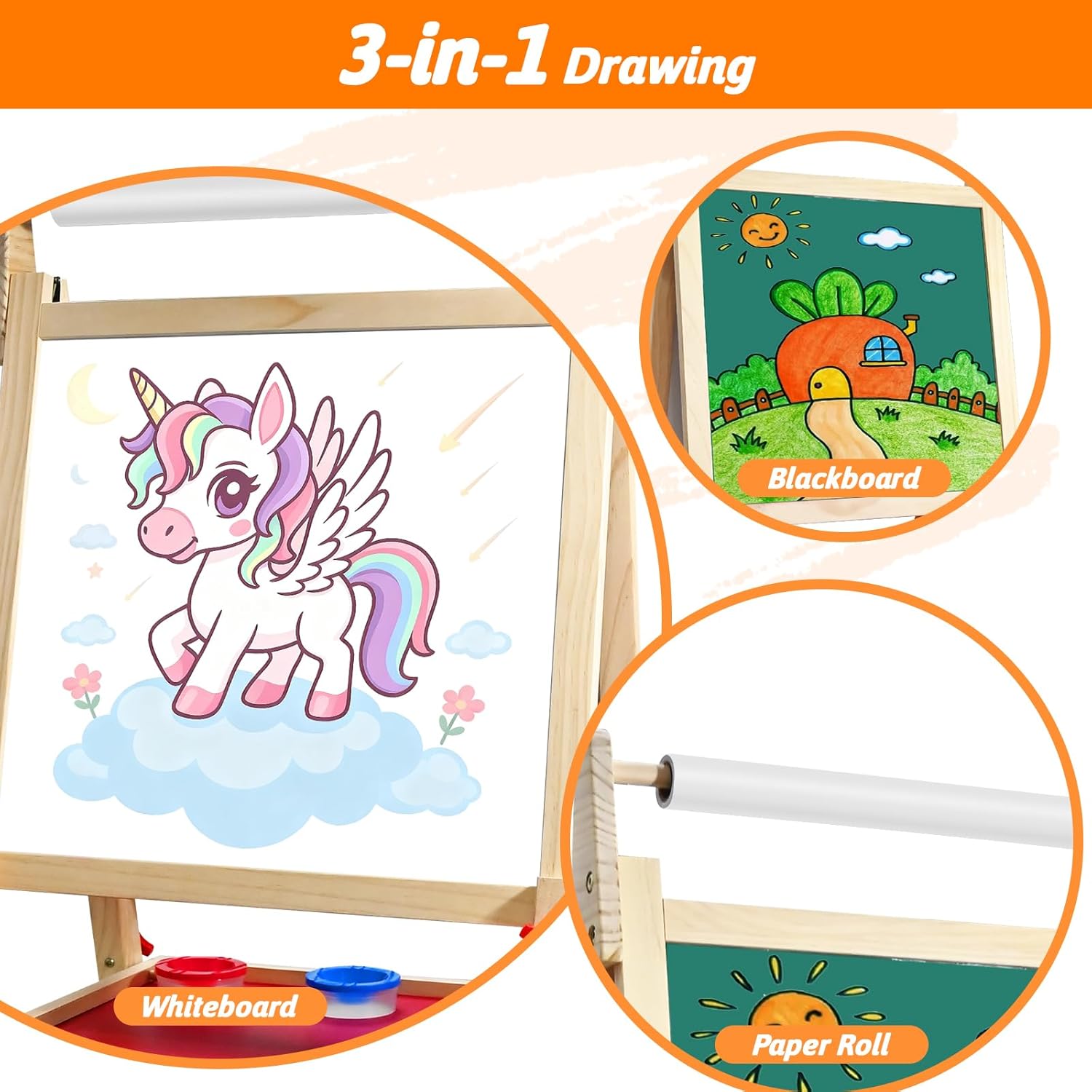 3-in-1 Easel for Kids, Adjustable Wooden Art Easel with Paper Roll, Double-Sided Magnetic Whiteboard & Chalkboard, 100+ Art Accessories for Drawing & Painting, Gift for Boys and Girls Ages 3–8