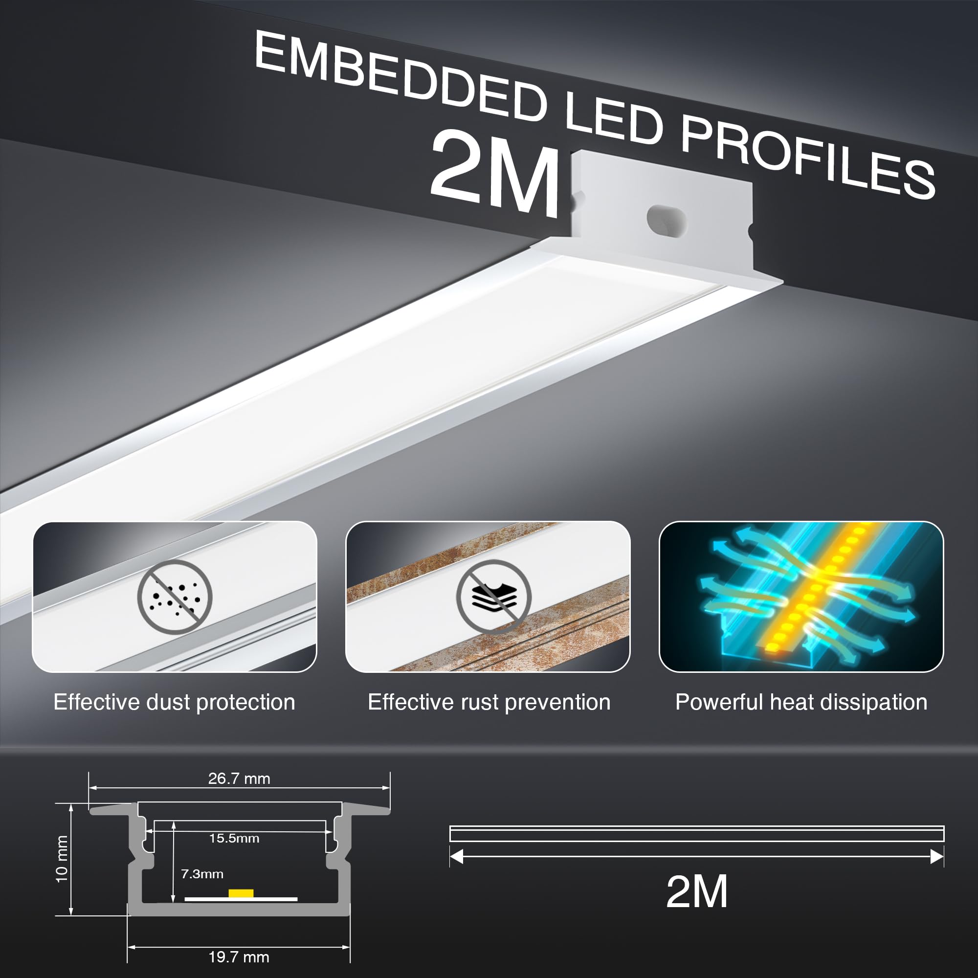 Shine Plus LED Alu Profil 2m mit Kante (6er Set), Aluminium Profile mit Abdeckung für LED Streifen bis 17mm Breite, Einbauprofil für Trockenbau, Rigips, Decke, Wand & Möbelbeleuchtung