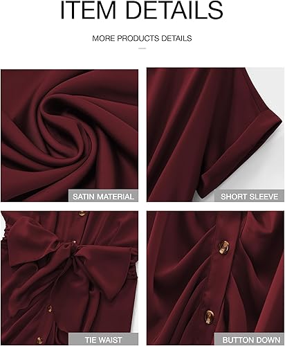 Miniatura 6 de BTFBM Vestidos camiseros para mujer, con botones, manga corta, satén, fruncido, maxi vestido de verano 2026, cóctel, fiesta, invitada de boda