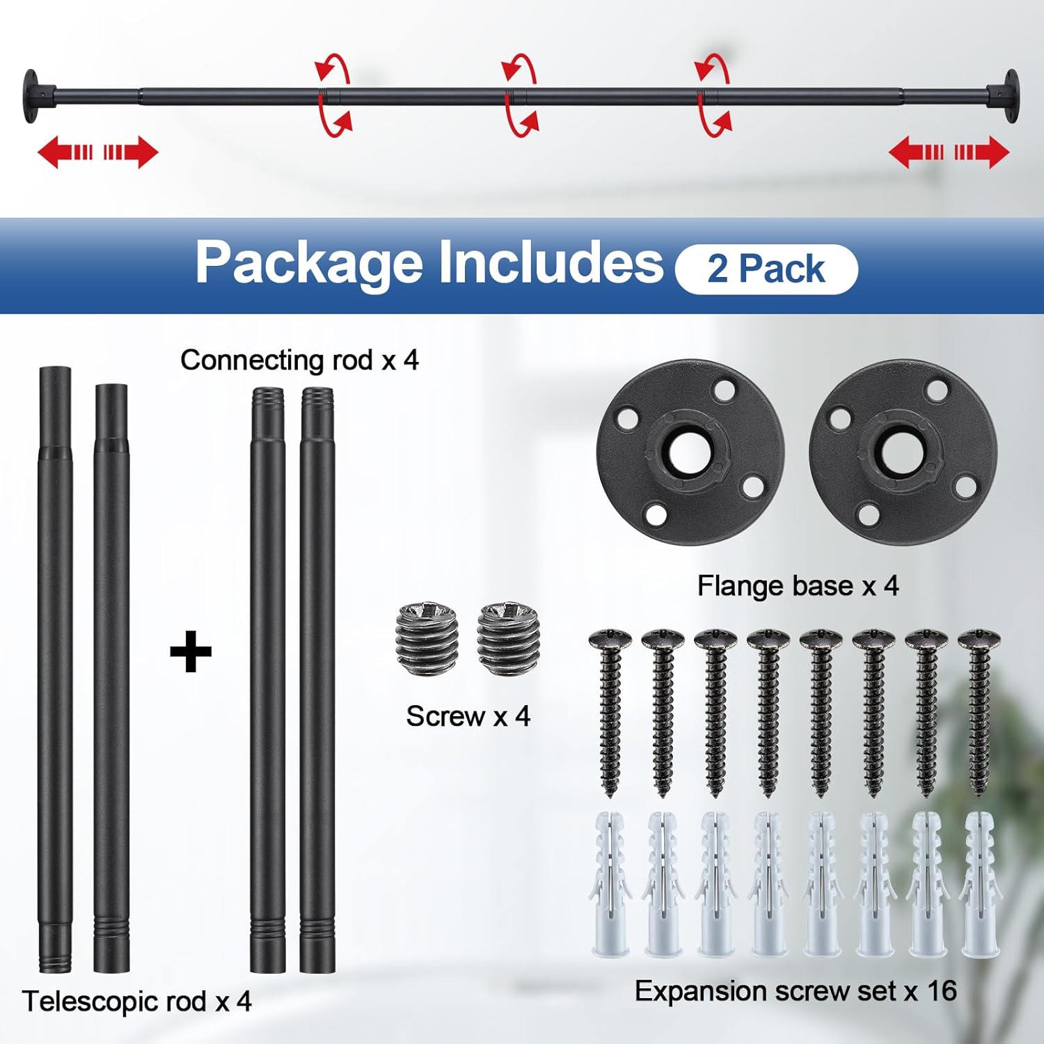 Heavy Duty Shower Curtain Rod - 28 to 76" Fixed Shower Curtain Rod Wall Mounted - Adjustable Extendable Rustproof for Bathroom,Room Divider,Bedroom,Doorway - Matte Black 2 Pack
