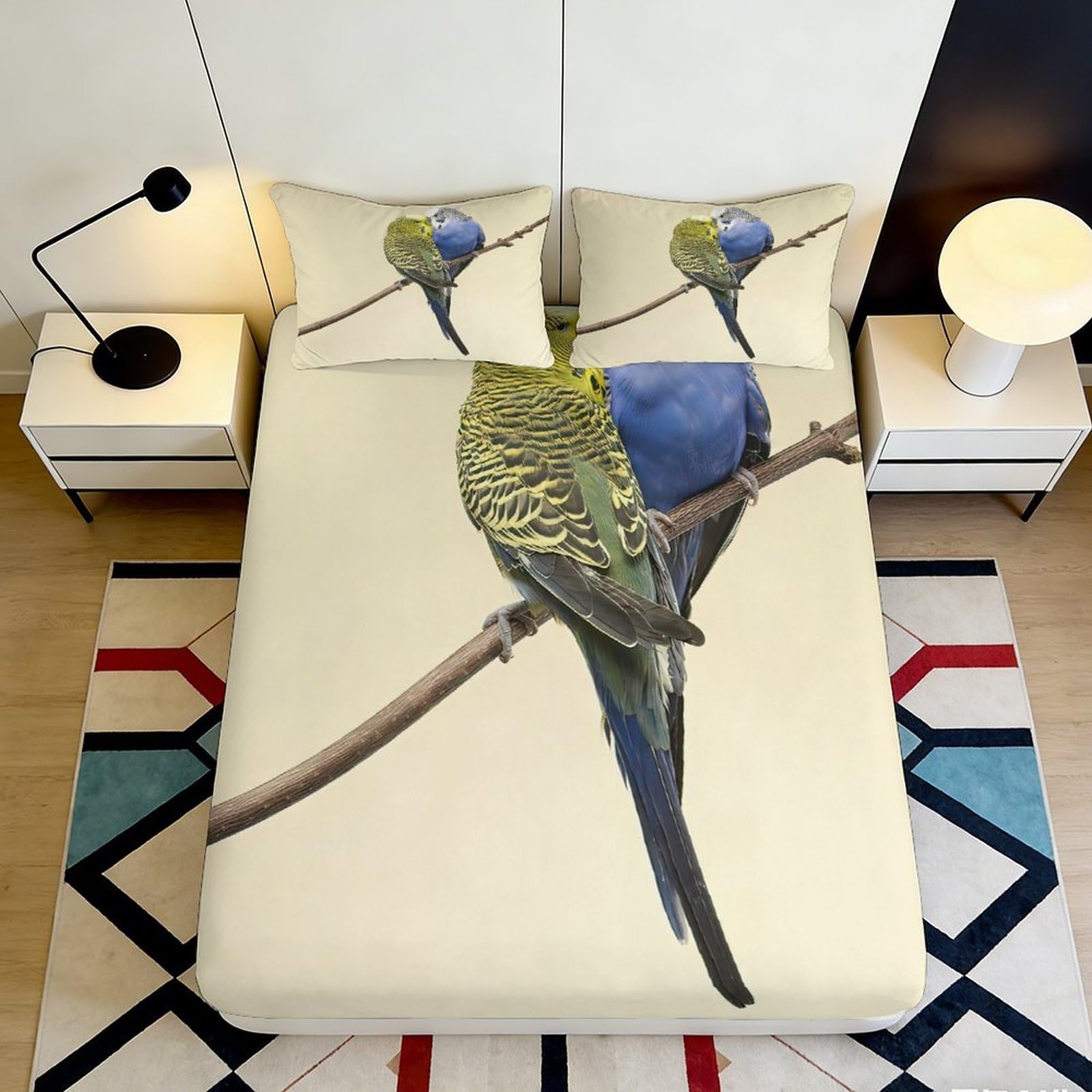3D Printed Parrot Branch Fitted Sheet Microfiber Soft Breathable Bird Mattress Cover for Bedroom Guest Room Decor 90x200x25cm