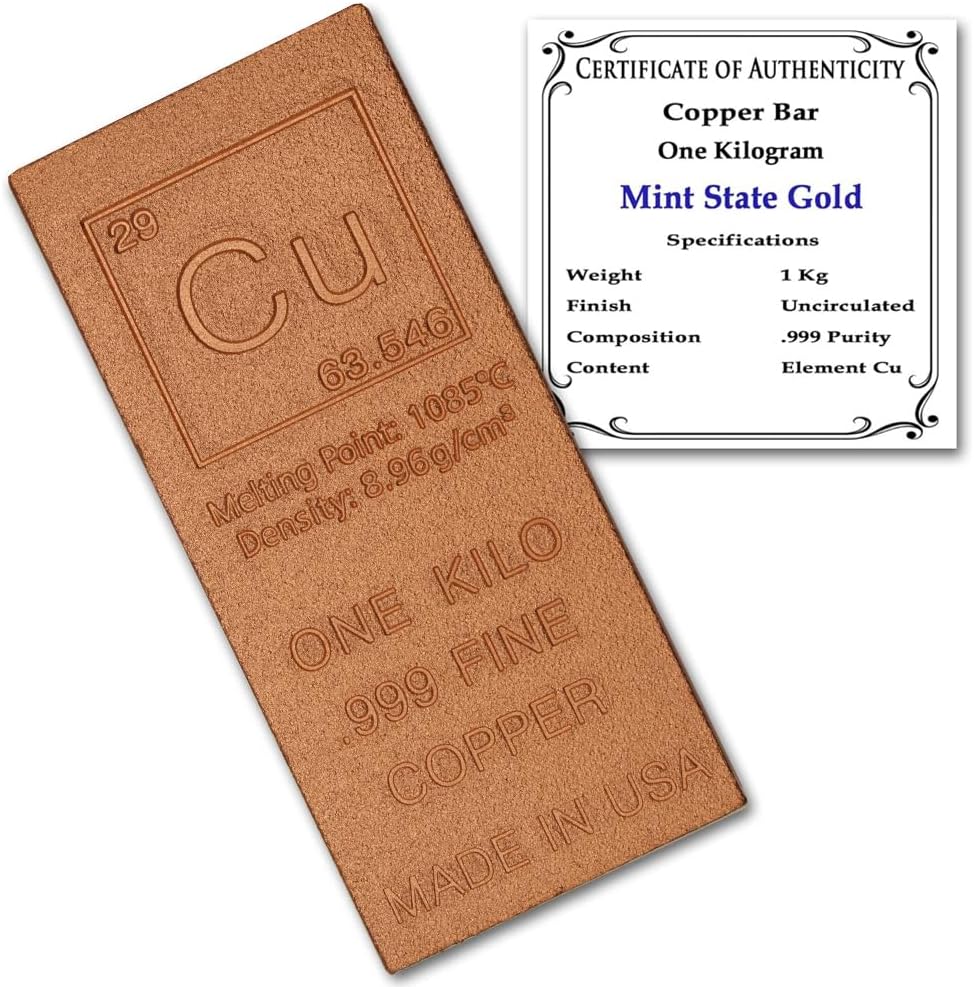 MINT STATE GOLD 1kg Copper Bar (Flat Style) .999 Pure Copper Periodic Table Elements Design