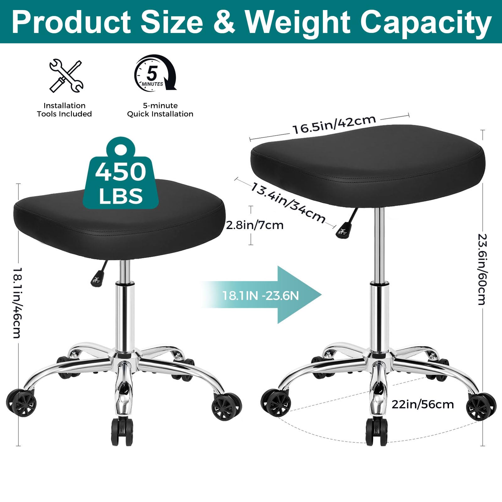 Black Rolling Stool with Wheels, 450 lb Heavy-Duty Adjustable Swivel Stool