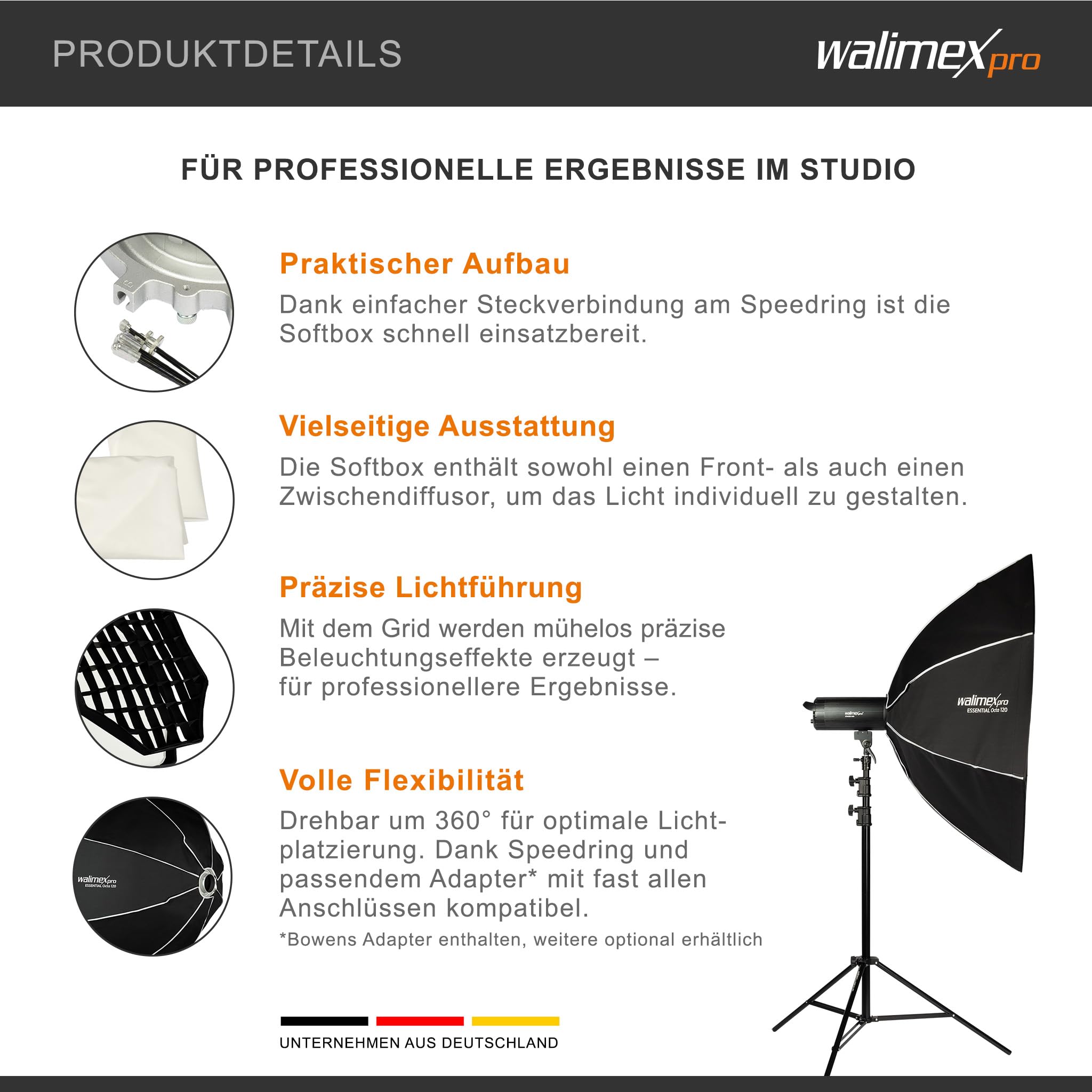 Walimex pro Essential Softbox Octagon 120 cm, Rotation à 360°, Montage Facile, avec Grille, Adaptateur Bowens et Sac de Transport, idéal pour Les Portraits et Les Prises de Vue de beauté
