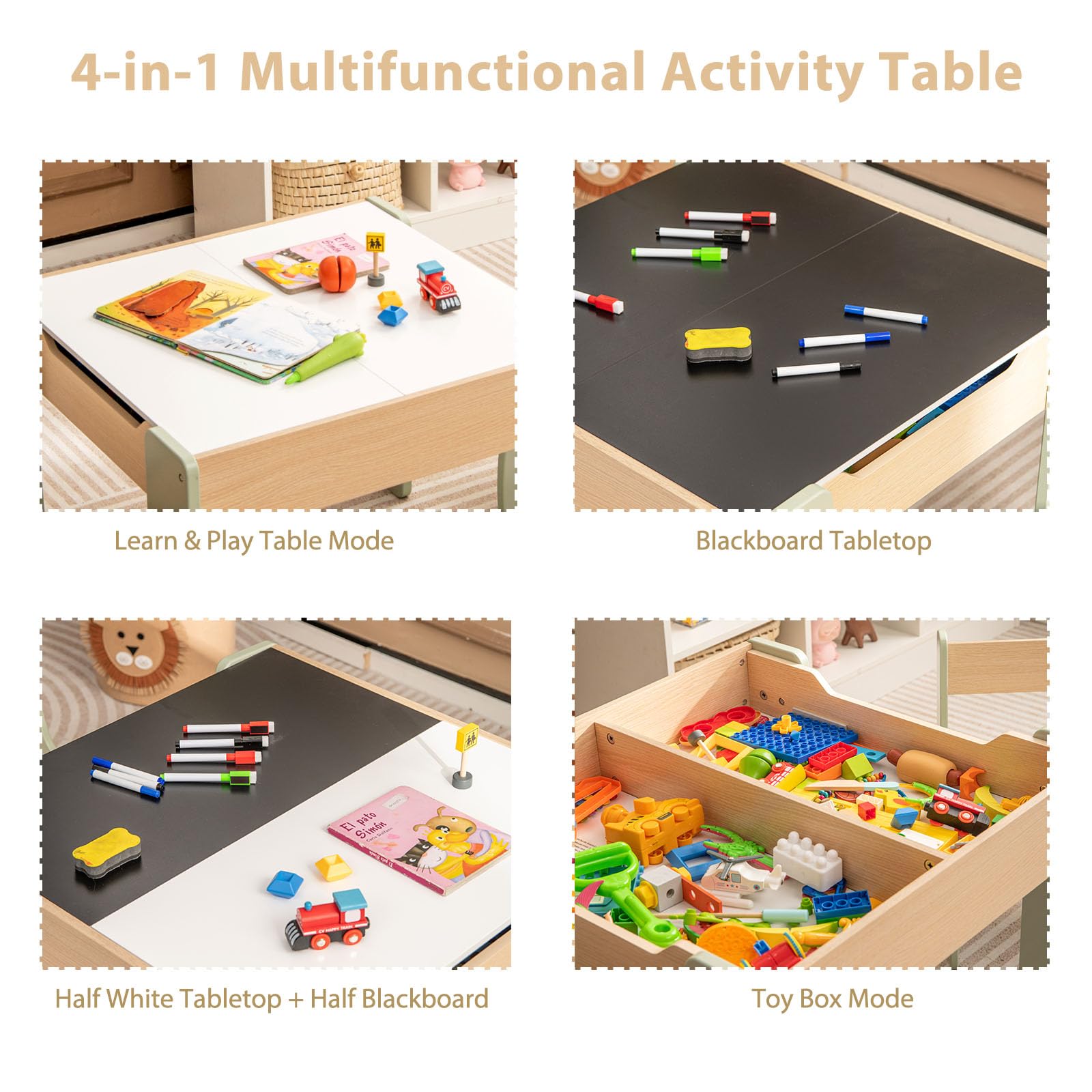 LIFEZEAL 3 in 1 Tavolo per Bambini con 2 Sedie, Tavolino e Sedie per Bambini in Legno, Tavolino Bimbi con Contenitore, Lavagne Bianco e Nero per Disegnare, tavolino bambini per cameretta (verde)