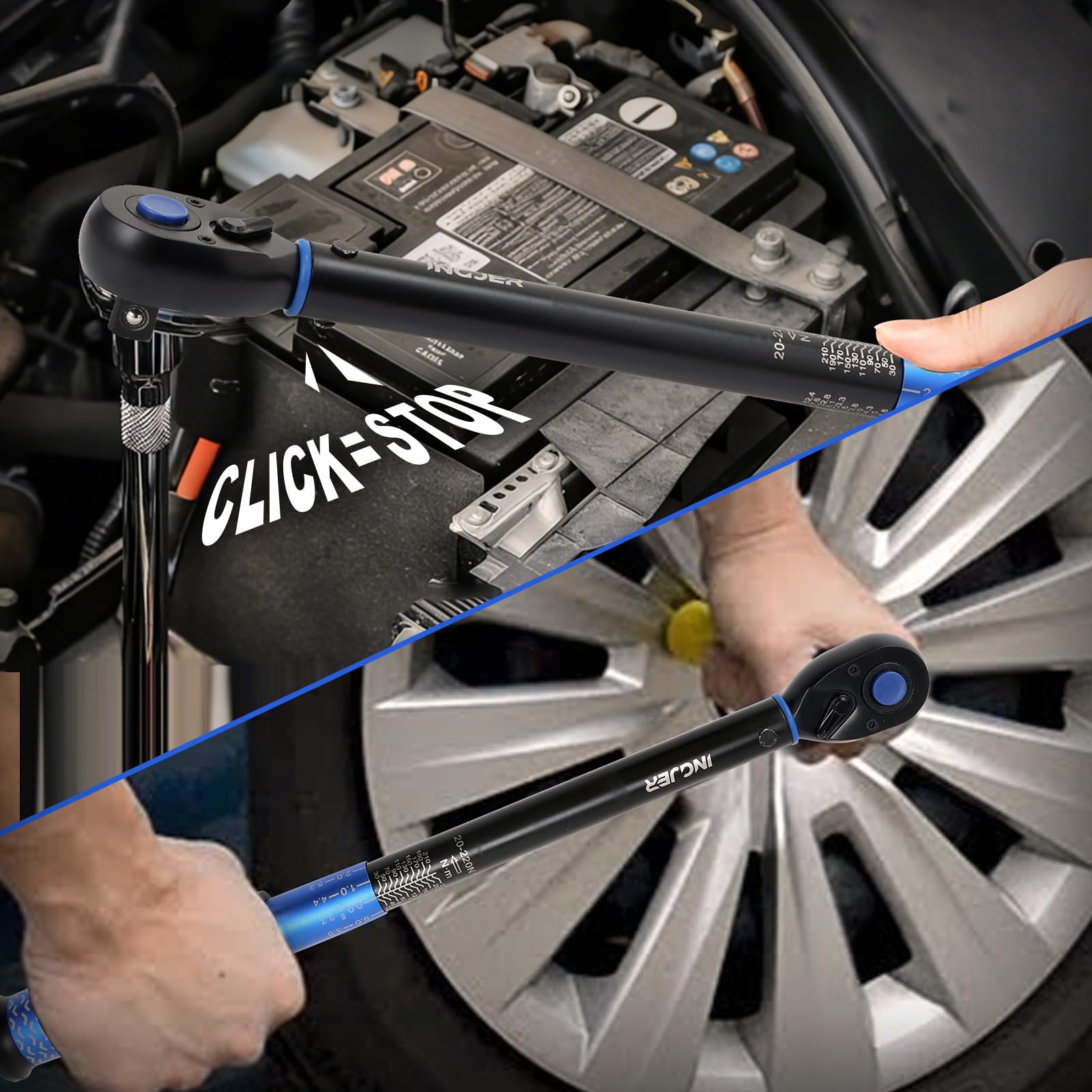 Set di chiavi dinamometriche per auto, 1/2", 20-220 Nm, certificato TÜV GS, 6 pezzi, con asta di prolunga da 125 mm, adattatore da 1/2"-3/8", 3 bussole da 17/19/21 mm, torque wrench per