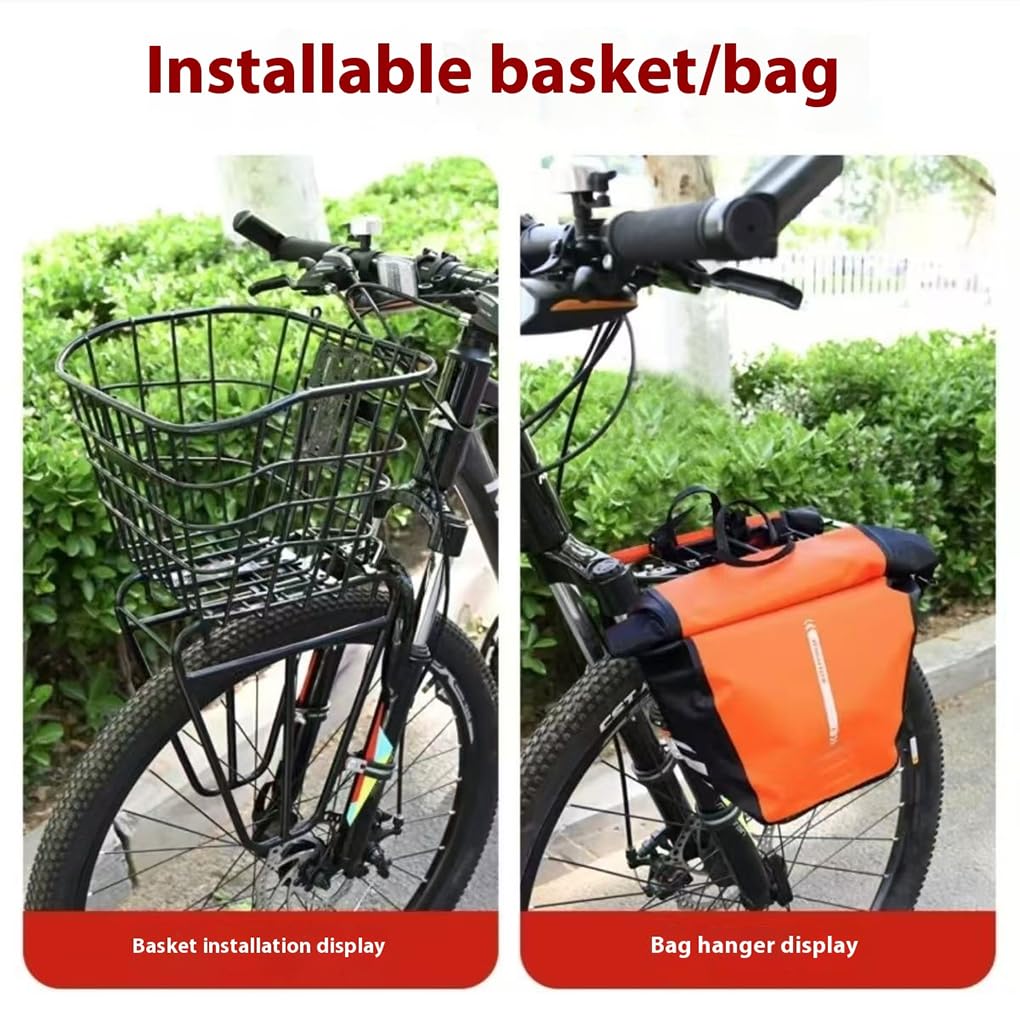 Portapacchi anteriore in acciaio per bici da turismo, resistente e robusto, facile da trasportare, adatto a biciclette, bici elettriche e motociclette.