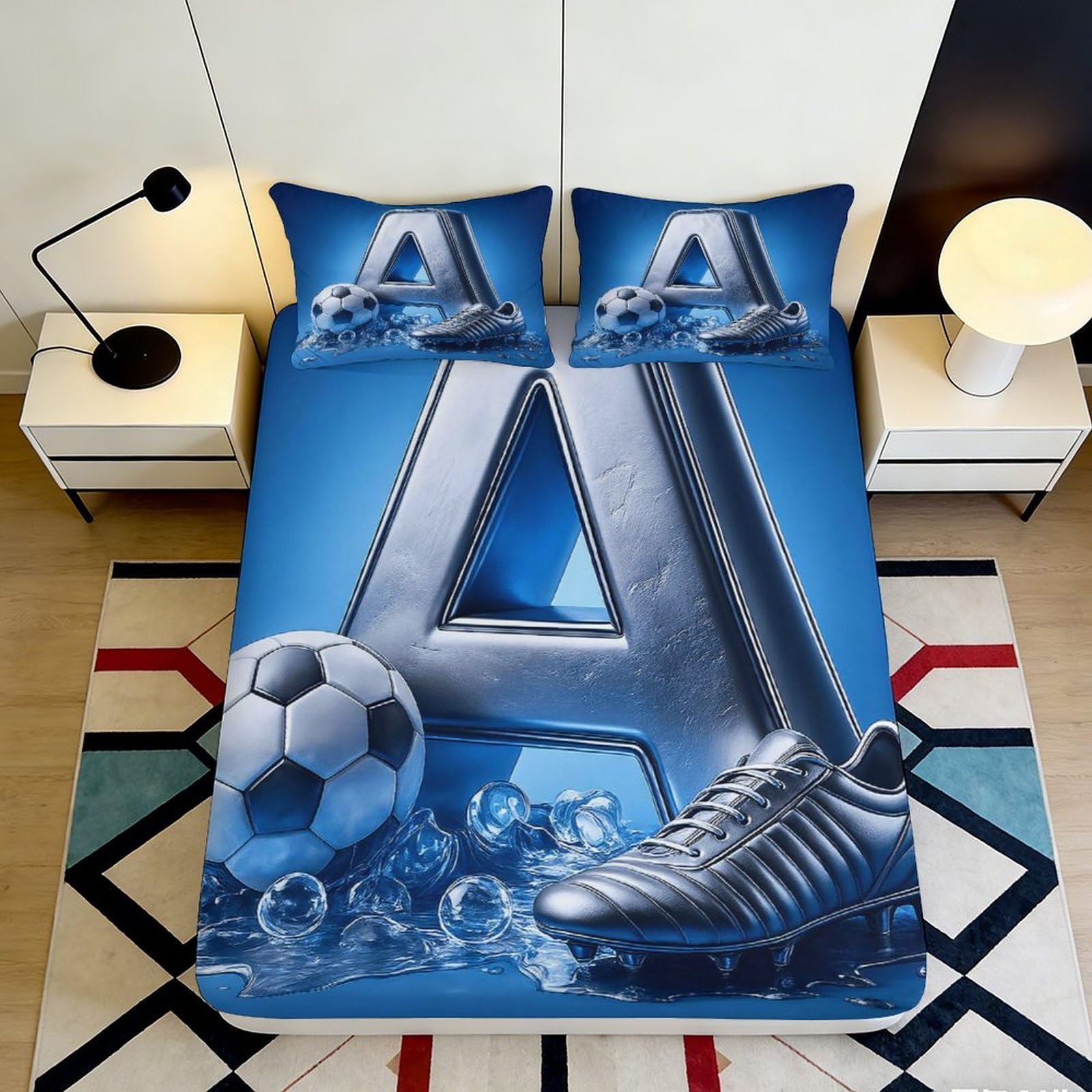 3D Printed Blue Football Fitted Sheet Microfiber Soft Bed Cover for Bedroom, Dorm, Rental, Easy Care 90x200x25cm