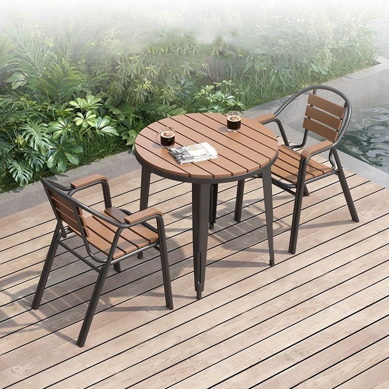 CraftThink Wooden Picnic Table Set Wood Metal Dining Set Perfect for Outdoor Garden Yard Pub Beer Activities Dining Use, Round Table 23.5" L x 23.5" W x 29.5" H with Chairs (3Pcs Set Brown &Black)