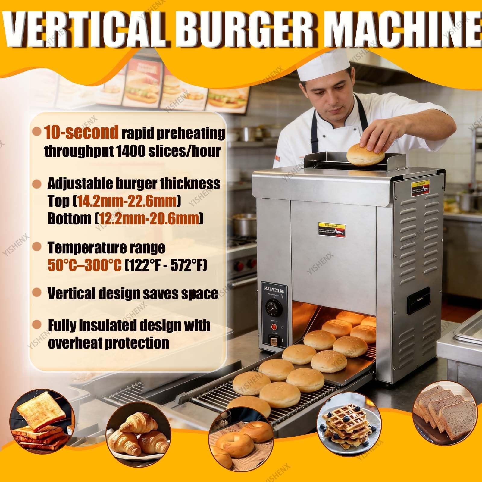 Komercyjny Opiekacz Do Bułek Do Burgerów 2000w, Dwuwlotowy Podgrzewacz Do Hamburgerów, 1500 Kromek/Godzinę, Stal Nierdzewna Spożywcza, 50-300°c, Regulowana Grubość, Do Piekarni