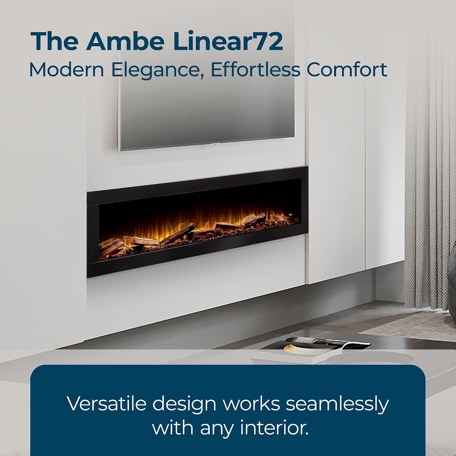 Ambe Linear 72" Electric Fireplace with Real Wood | Hidden Vent Design | Midwest Hardwood Log Set | Recessed or Built-in | Deep Realistic Ember Bed | Fireplace Insert Heater | Trim or Frameless