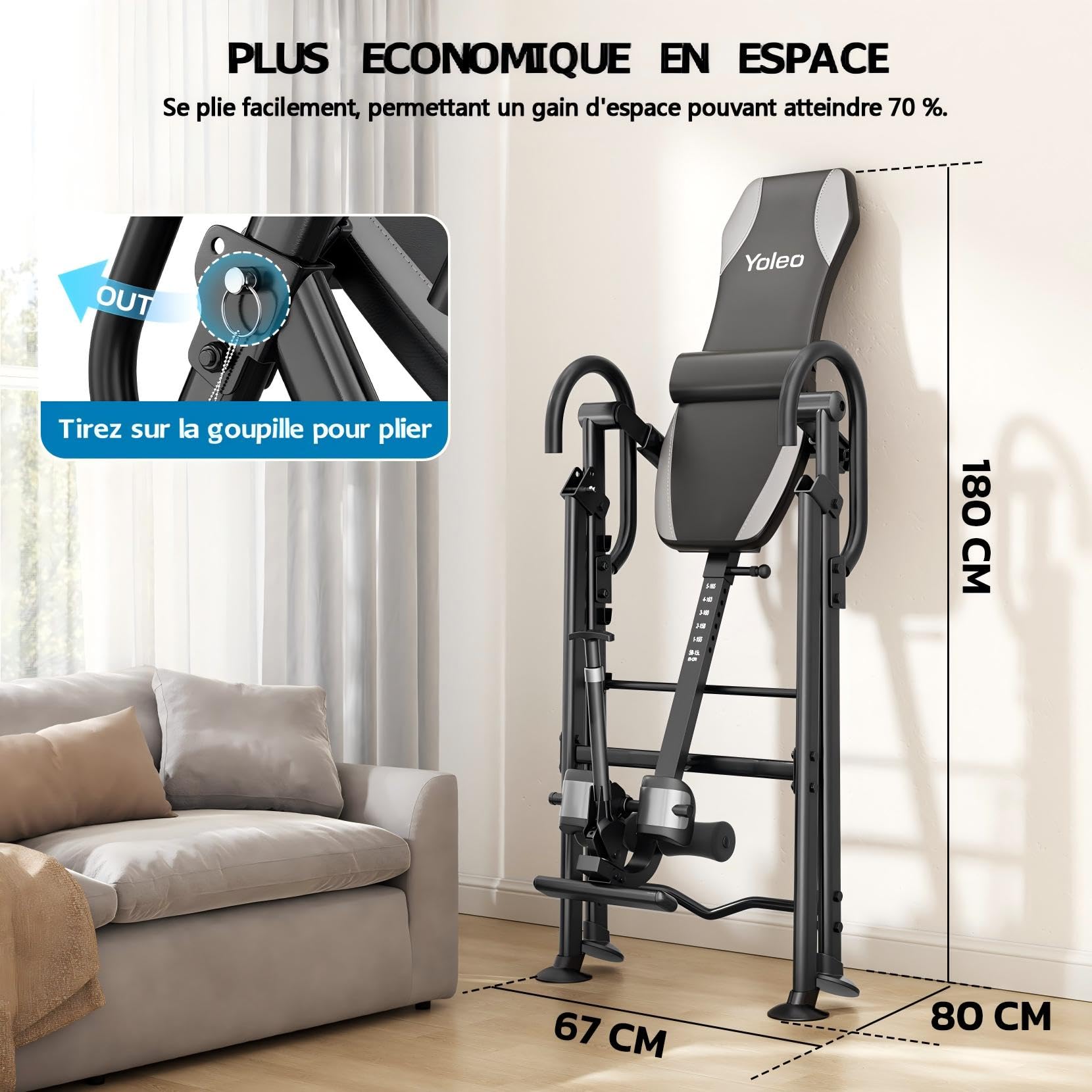 YOLEO Table d'inversion par Gravité, Robust, Angle Réglable par Gravité | Pliable, avec Coussin de Soutien Lombaire Poids de l'utilisateur jusqu'à 300 lbs