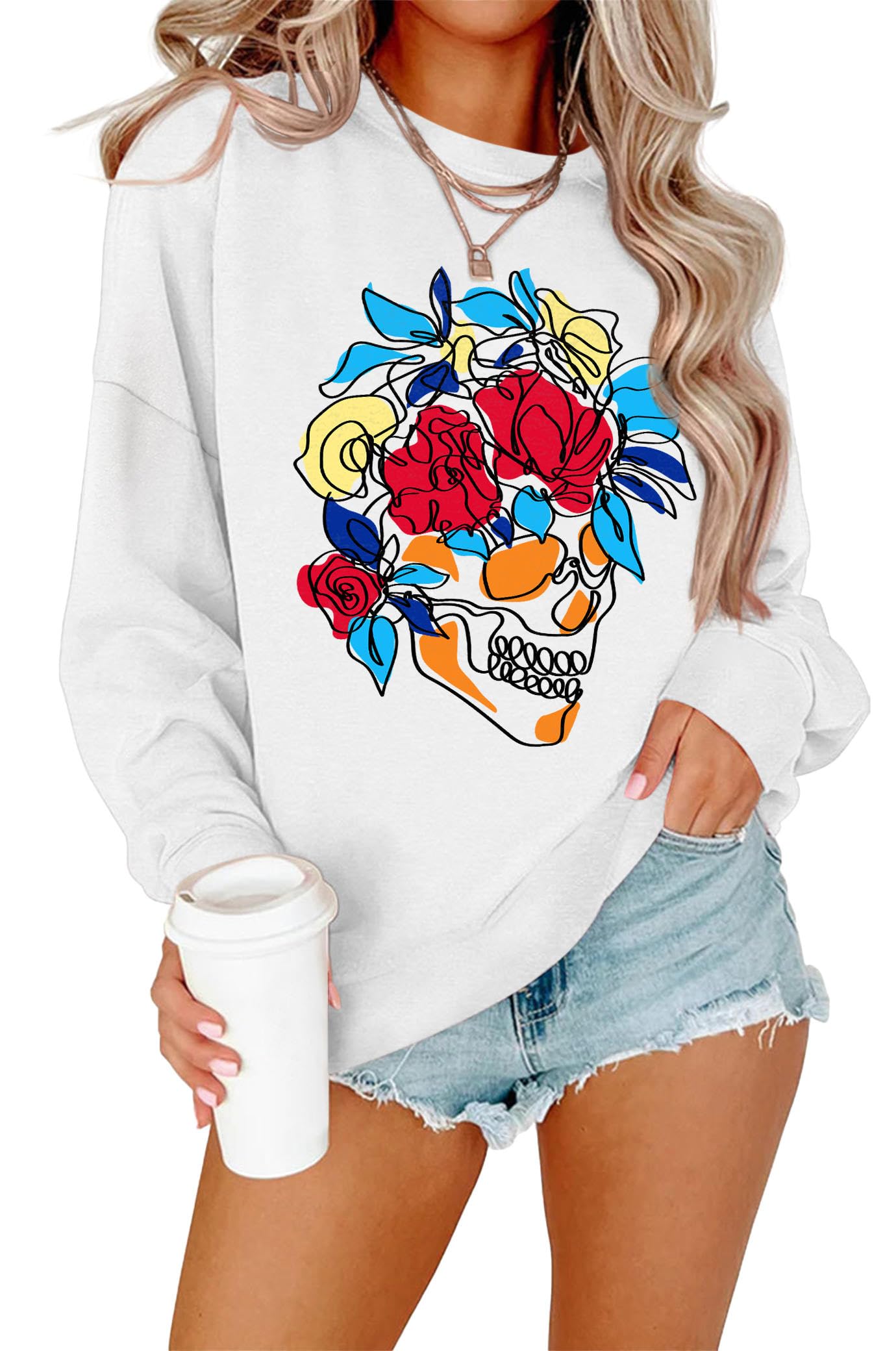 AmoretuWomens Crew Neck Sweatshirts Halloween Drop Shoudler Long Sleeve Pullover