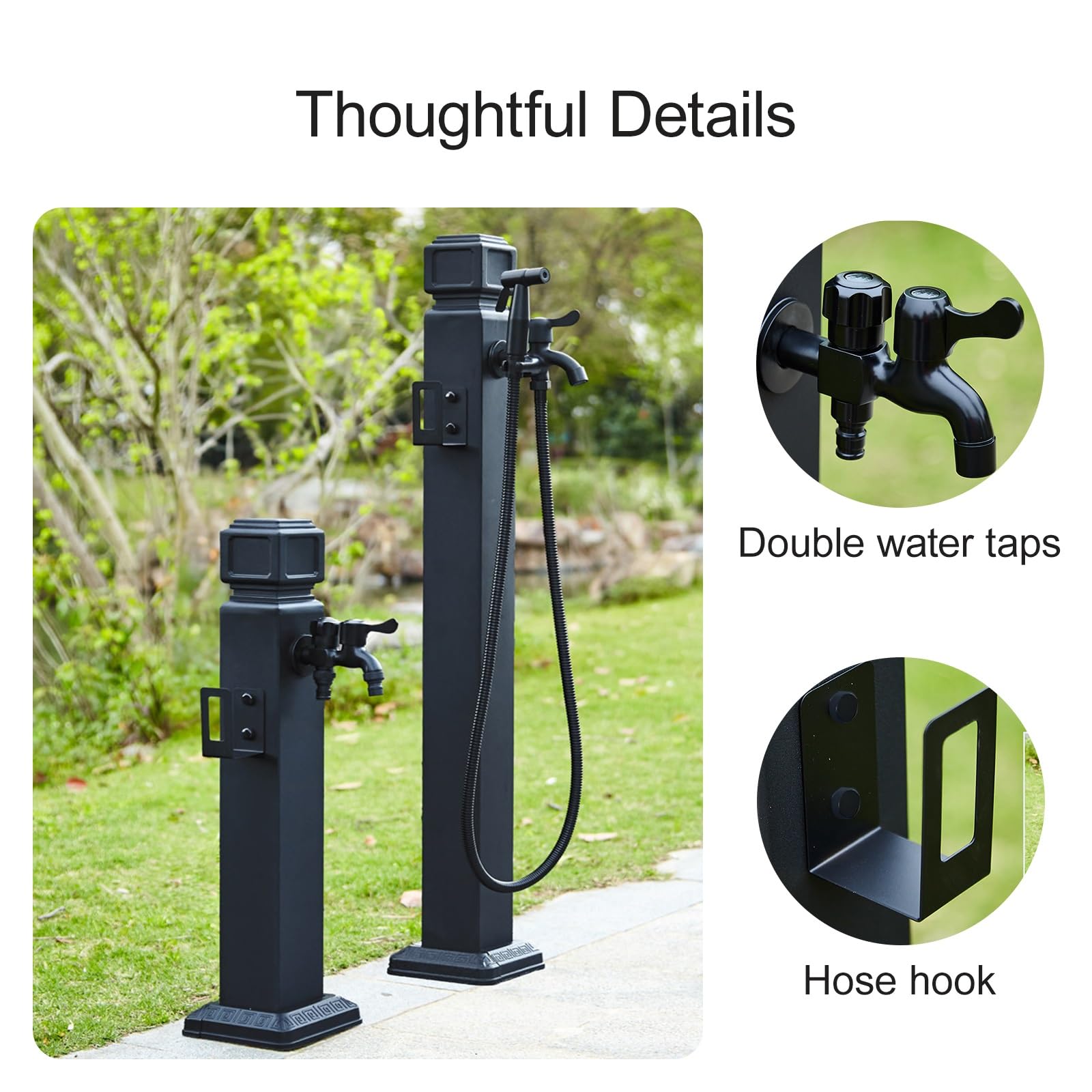 Colonne D'eau de Jardin Extérieure en Acier Inoxydable 304, Robinets Autoportant Antigel avec Double Sortie, Colonne À Eau avec Robinet, Support de Tuyau et Sac Antigel pour Jardin(95cm/37in)