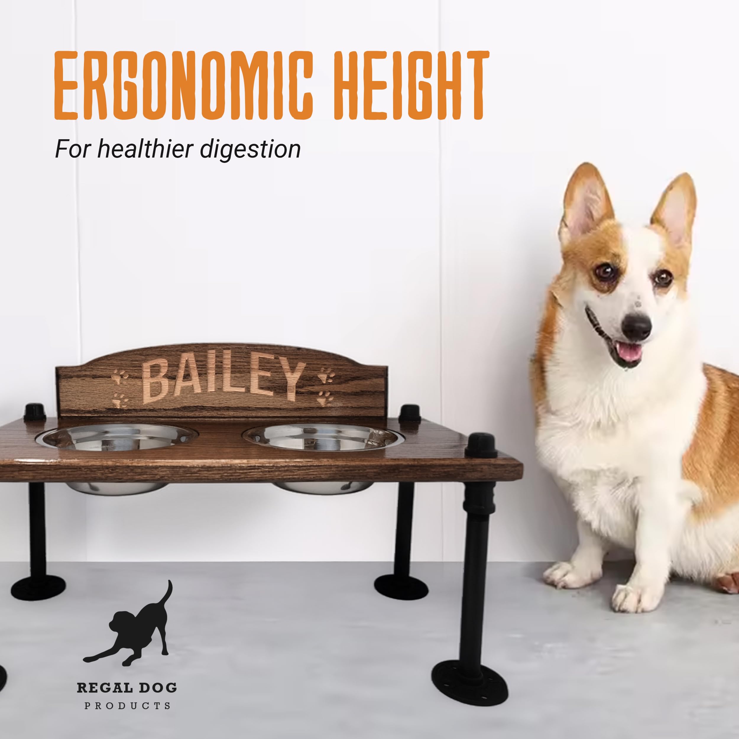 Soporte elevado para cuenco para perros con cuencos de acero inoxidable, comedero elevado para perros, madera de roble con patas de tubo industriales, acabado impermeable, hecho a mano en Estados