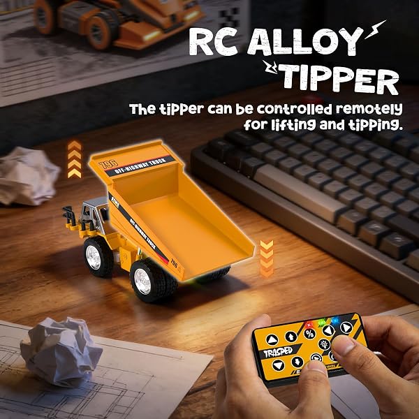 YESHIN Mini RC ribaltabile in metallo, camion radiocomandato con controllo app, 3 velocità, funzione di inclinazione con pulsante, luce e suono, ricaricabile USB, demo automatico - 3