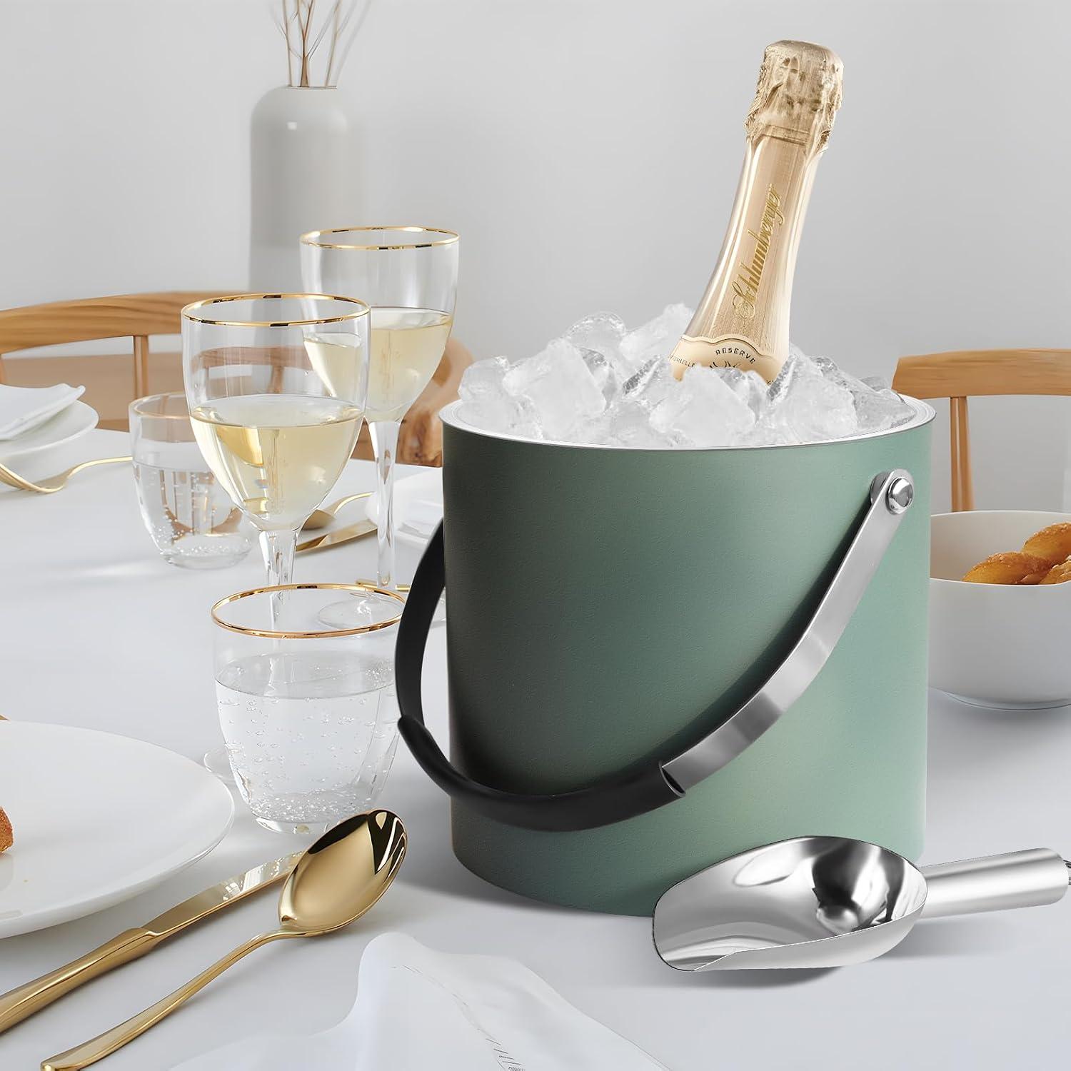 Bakpoco 3L Ice Bucket with Silicone Lid, Scoop, Tongs & Strainer, Stainless Steel Double Wall Insulated Ice Buckets for Parties & Cocktail Bar, Outdoor Champagne Ice Container Bin, Dusty Green image 5