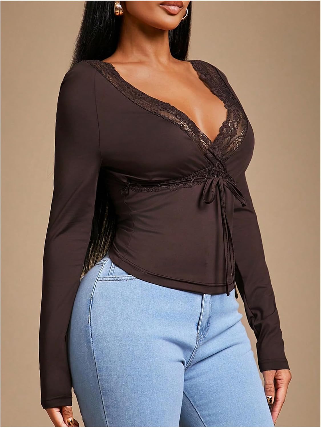 WDIRARA Women's Lace Trim Deep V Neck T Shirts Tie Front Long Sleeve Tee Fitted Tops - Image 4