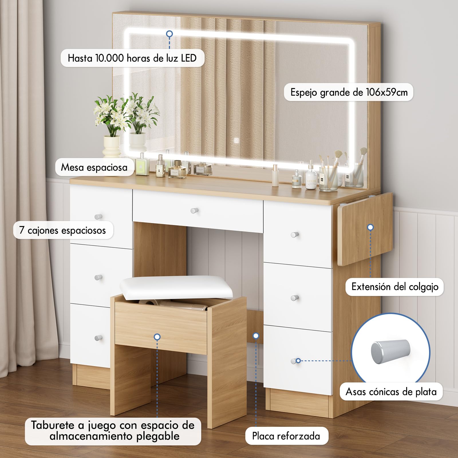 ALFORDSON Tocador con Espejo e iluminación, Juego de tocador de 90 cm con 4 cajones y Taburete de Almacenamiento, Luces LED Ajustables, tocador para Dormitorio de Mujeres y niñas, Madera